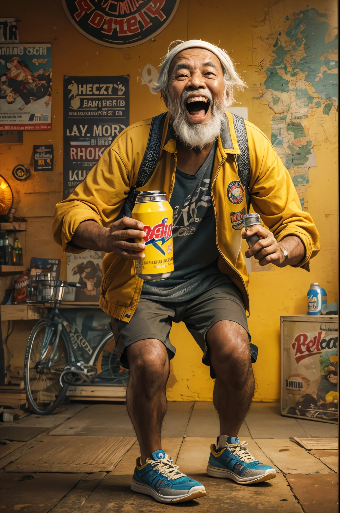 Design an photorealistic advertisement poster featuring a sprightly Malay old man in rockers outfit energetically engaging in sports like skateboarding or mountain biking while holding a energy drink can, with a comically exaggerated expression of excitement, while holding an energy drink bottle with big power logo on drink label, golden yellow drink can, high quality, ultra detail, 4k, cinematic lighting, dramatic,