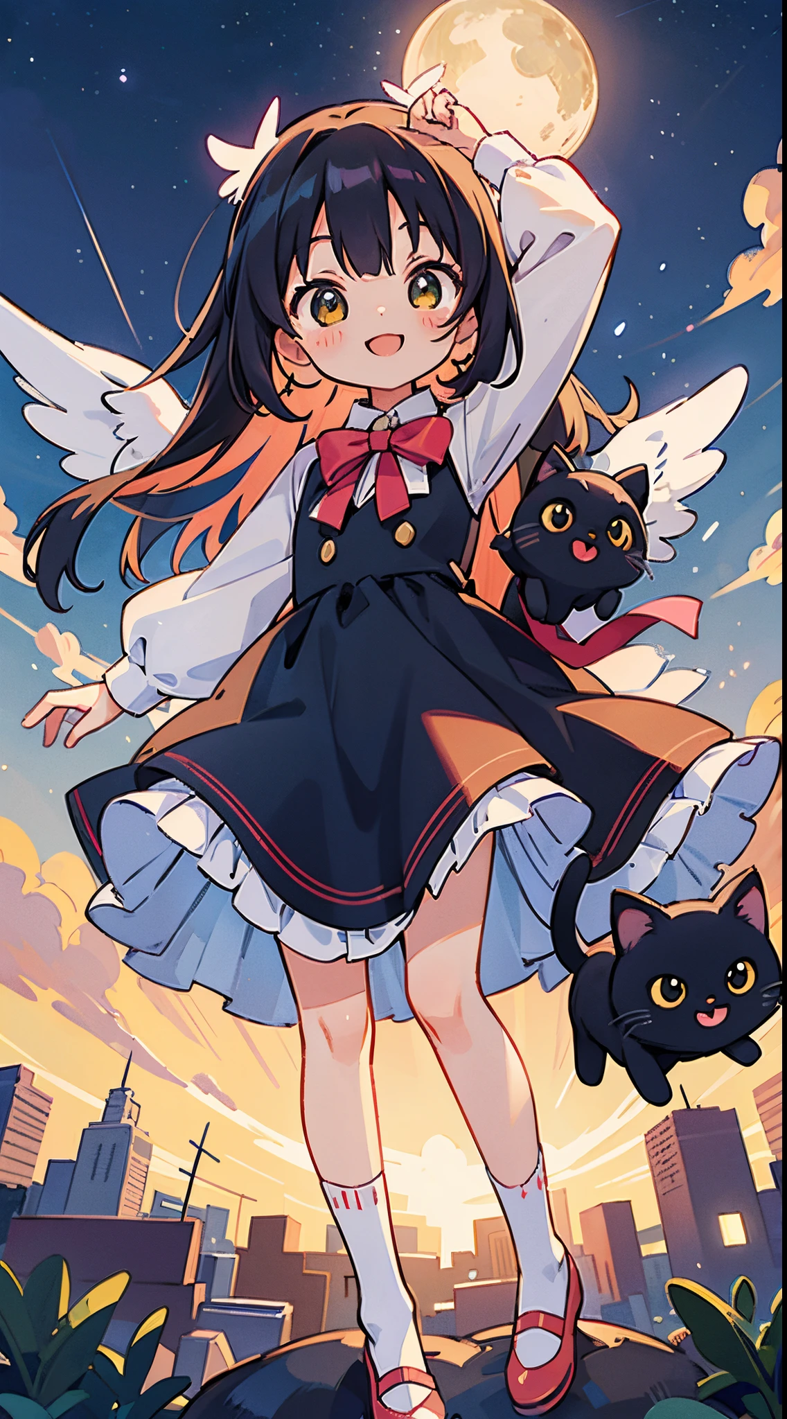 masutepiece、Best Quality、ultra-detailliert、high-level image quality、star-studded night sky、black cat with angel wings、Illustrator、kawaii、Lori、a smile