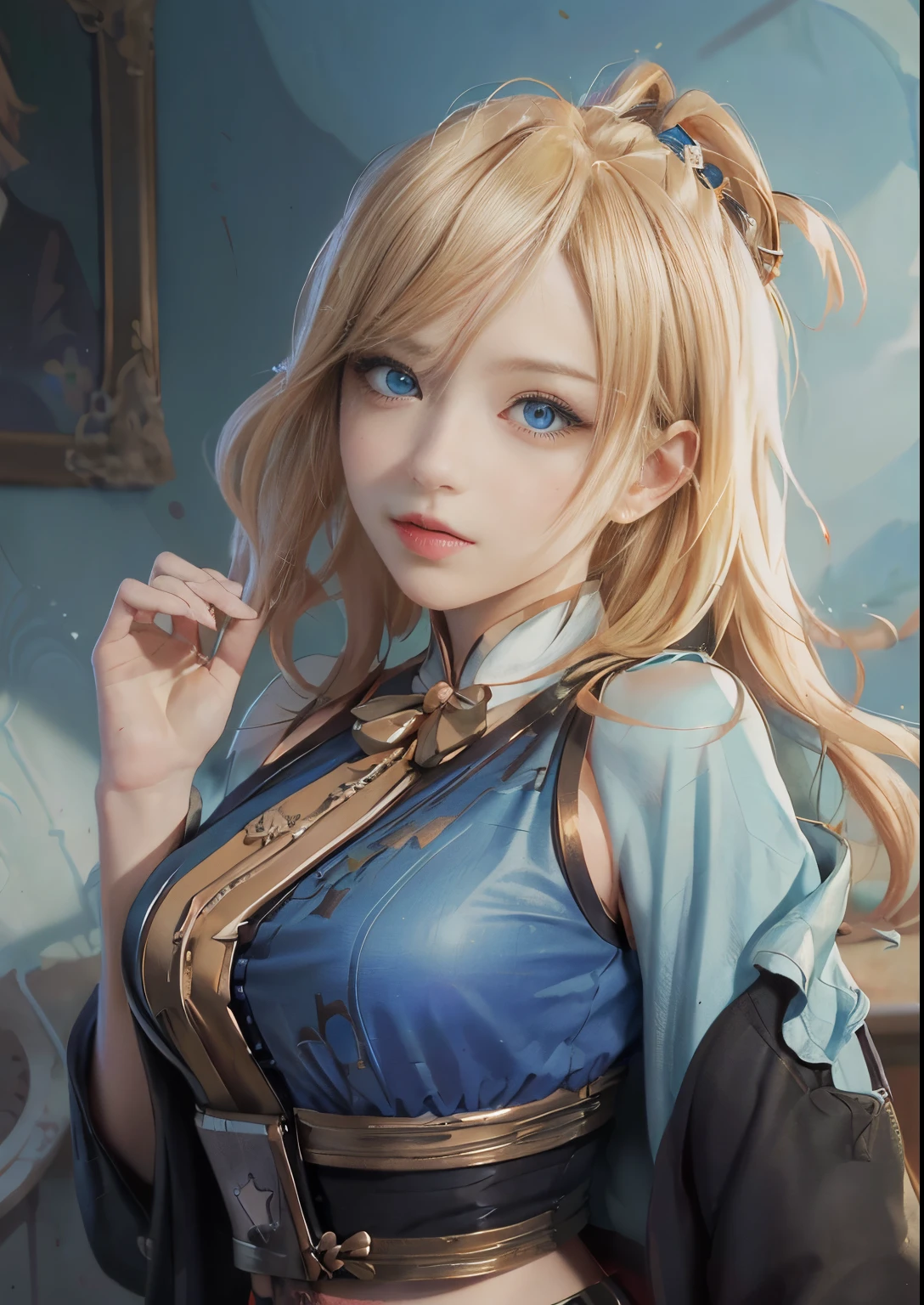 "(masutepiece, Best Quality, Realism, Real, Photo: 1.4), Ji Xiaoman, Blonde, Very cute face, Blue eyes, Upper body, Big breasts, Real, Photo"