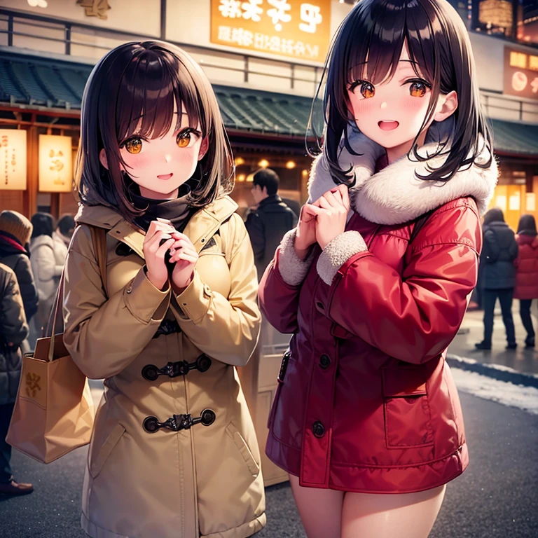 japan Fukuoka city of HAKATA, winter illumination festival.to nighat, drop snow, blown bob girls, wearing a warm coat, enjoy in festival.(love::1.5), happy time.