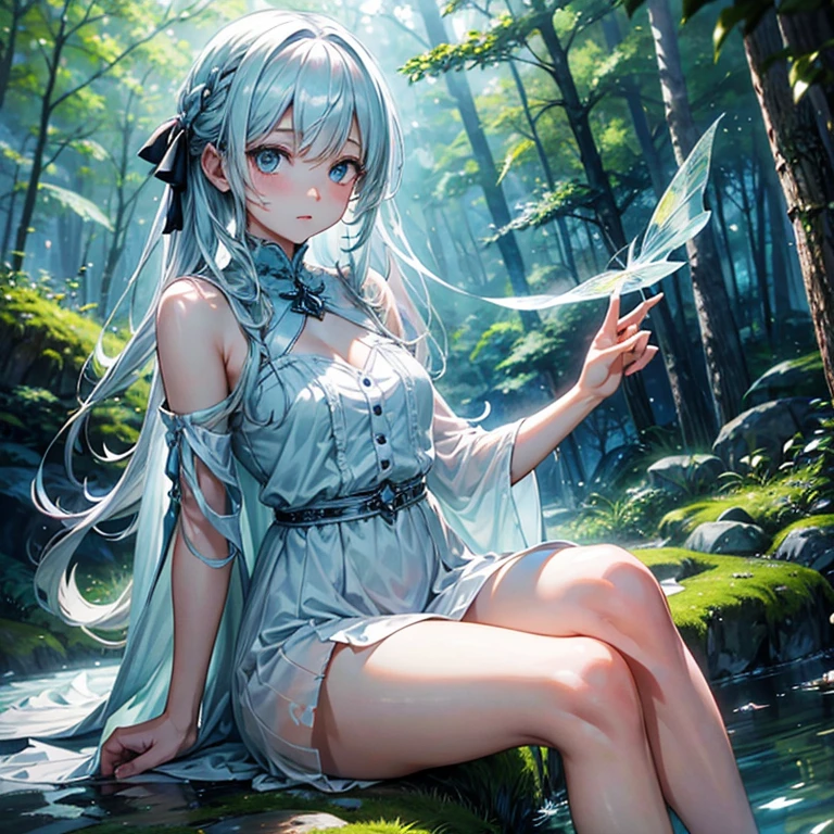 The World of Fairy Tales、Mysterious Forest、Light shines in、One girl（Long、white torn dress、thigh、bare-legged）sits and looks at me、Animals gather、naturey、