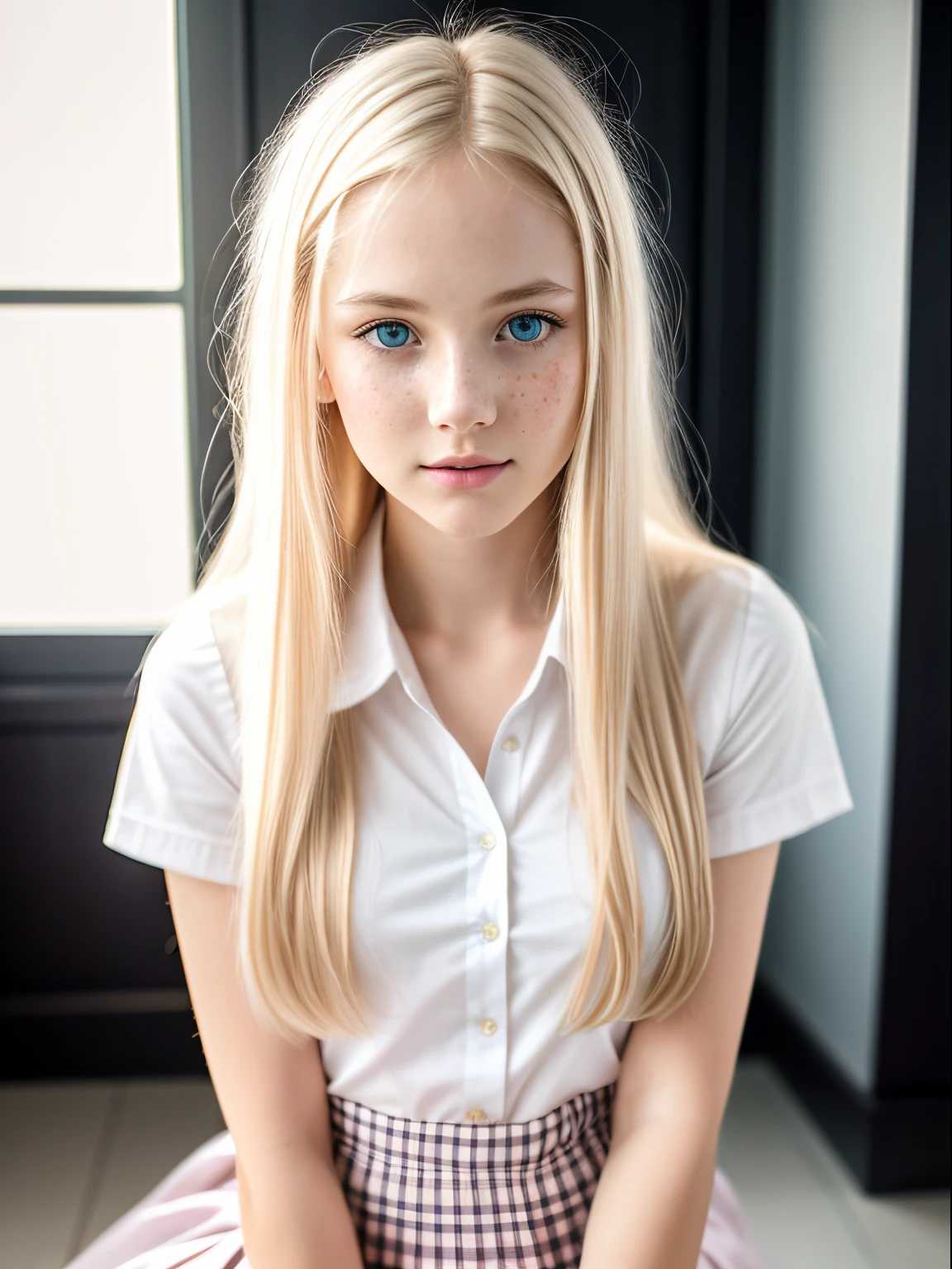 close up 1girl in, ager, Solo, Aesthetic artwork, blond, straight blonde hair, super long blonde hair, light blue eyes, some small freckles, pale skin, small breasts, runners body, (thin hips, thin waist: 1.25), detailed skin, shy smile, (full body: 1.1), (action shot kneeling: 1.25), wearing a short sleeve button down white blouse, Buttons are undone and open, short pink pleated skirt, school girl uniform,24mm, 4k textures, soft cinematic light, RAW photo, photorealism, photorealistic, intricate, elegant, highly detailed, sharp focus, ((((cinematic look)))), soothing tones, insane details, intricate details, hyperdetailed, low contrast, soft cinematic light, dim colors, exposure blend, hdr, faded