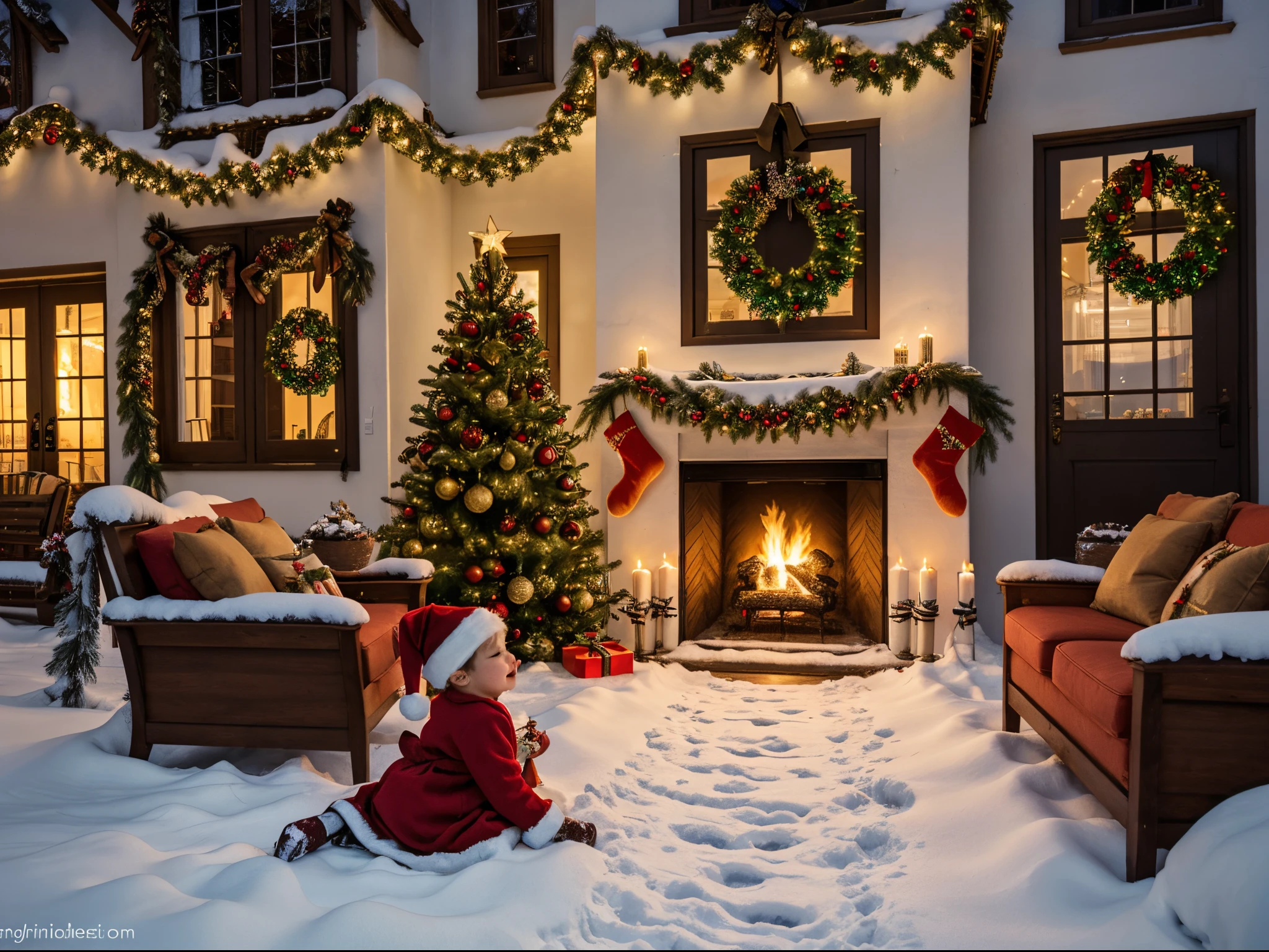 best quality,4k,8k,highres,masterpiece:1.2,ultra-detailed,realistic:1.37,colorful,golden lighting,Christmas festive ambiance,winter wonderland,snow-covered landscape,glistening snowflakes,golden decorations,pine trees covered in frost,cosy fireplace,shimmering ornaments,holiday spirit,joyful atmosphere,peaceful evening,festive mood,sparkling lights,delicate snowfall,crisp air,beautifully wrapped presents,decorative ribbons and bows,festive wreaths,merry and bright,cheerful celebration,soft glow from candles,comforting warmth from the fireplace,cozy blankets,hot cocoa with marshmallows,frosty windows with patterns,chimney with Santa's footprints,happy children playing in snow,laughter and joy,family gathering,Christmas carols playing in the background,city lights in the distance,reflection of lights on the snow,peace and serenity holiday cheer