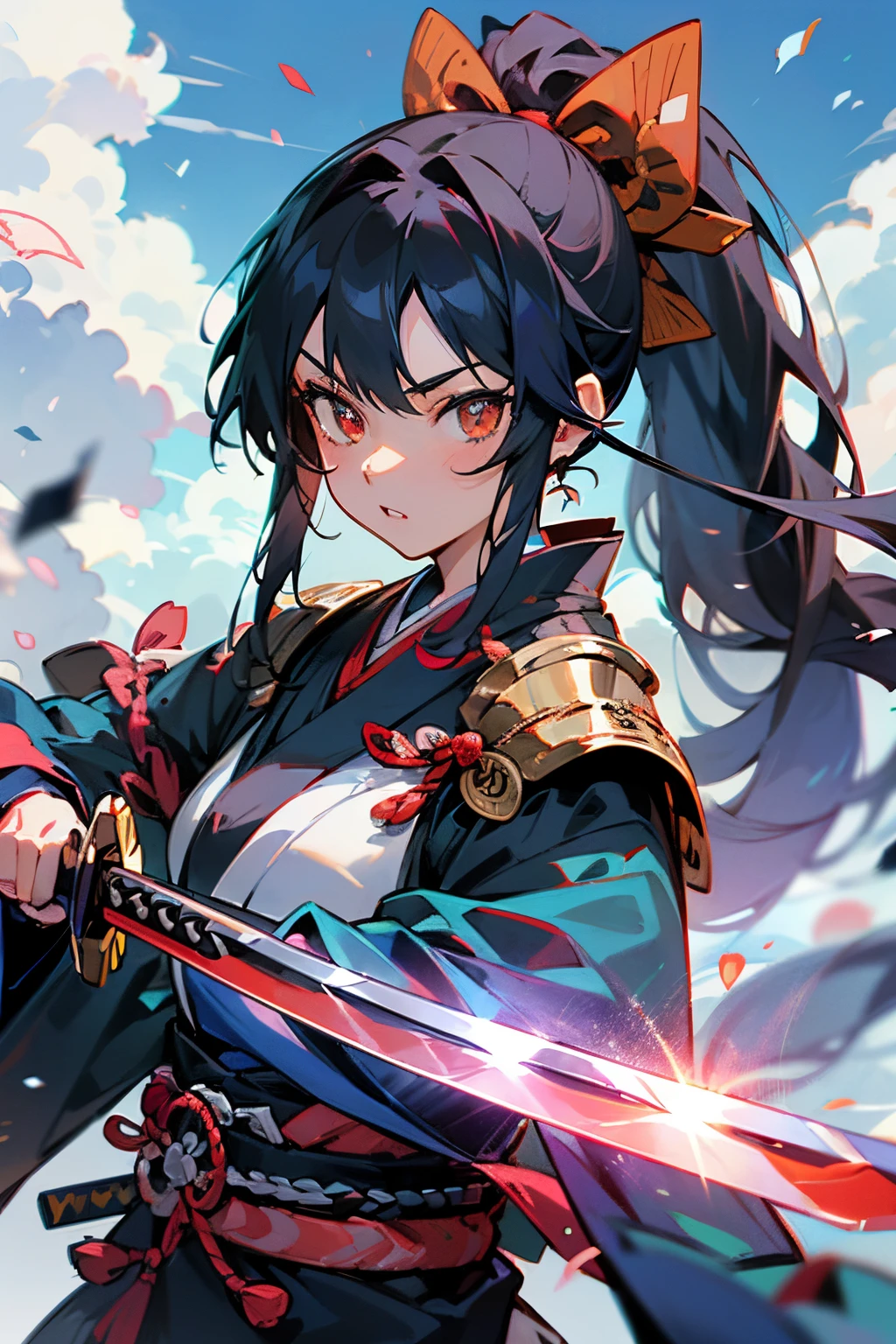 (Anime character wearing a dress with Japanese armor),( has a sword in his left arm), 1girl in, (Female anime samurai fighting with sword against blue background with clouds),(Deep scarlet eyes), Solo,Kimono. Ponytail, (Kimono),holding weapon, ((holding a samurai sword)), Long Black Hair, redribbon,(Dynamic action)