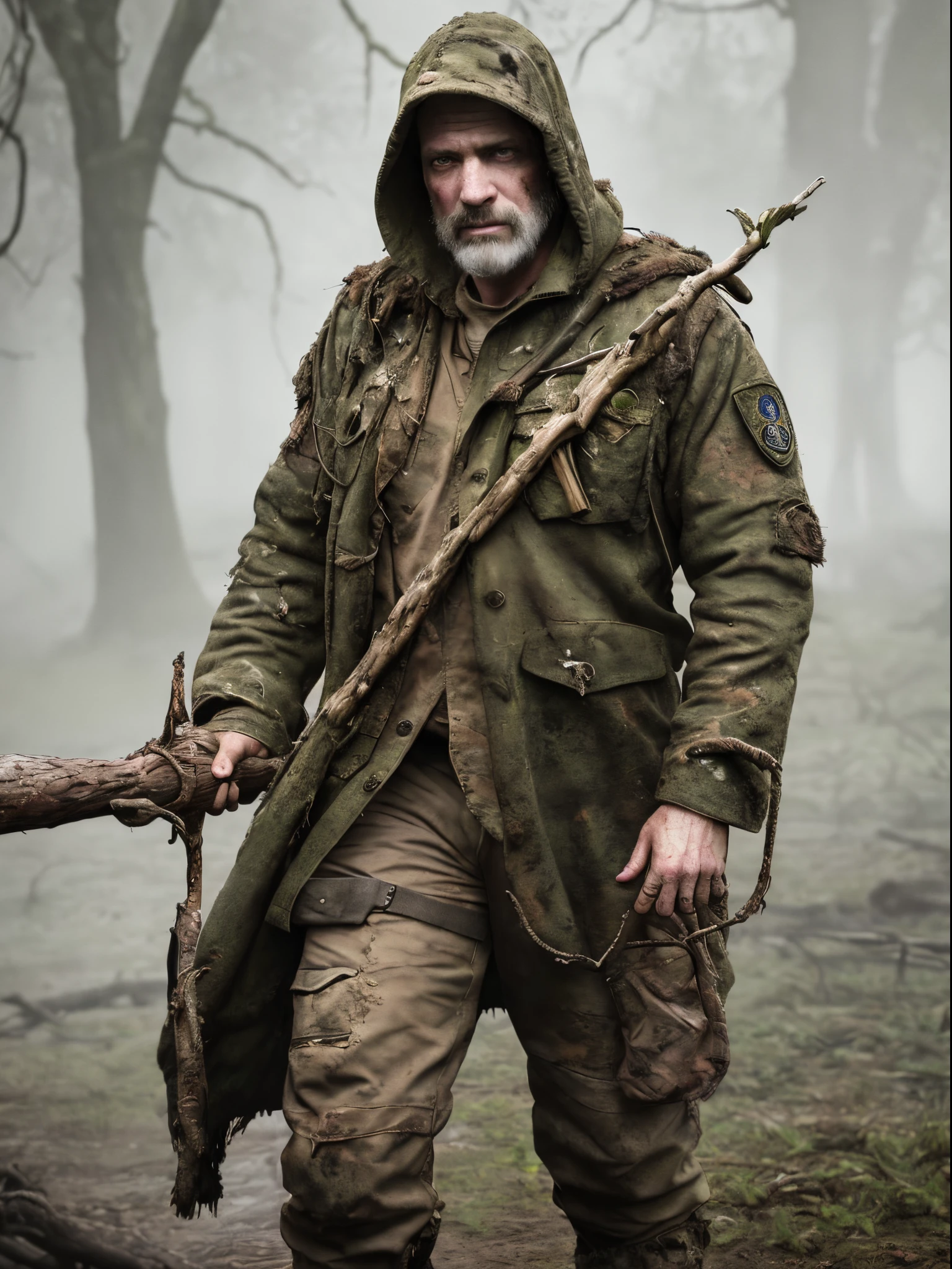 (Realistic:1.5), photorealistic, RAW photo, analog photo style, depth of field, ultra detailed portrait of Swamp Dictor, detailed frown face, dressed in dirty tattered military clothing with hood, 40 years old, he holding a long wooden staff in hand and looking on mutant dog nearly his foots, they are surrounded by a gloomy, foggy hollow, from which chilling sounds can be heard, dinamic pose, atmosphere from "S.T.A.L.K.E.R", faded cinematic colors
