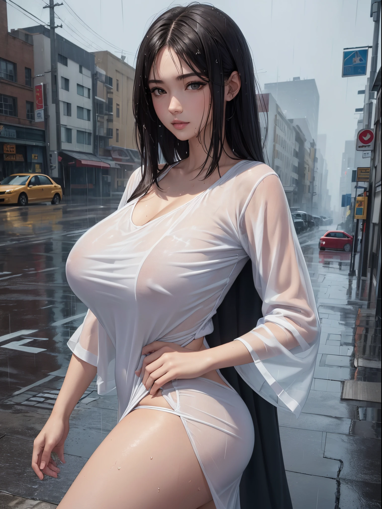 ((Best Quality, 8K, masutepiece:1.3)), Focus:1.2, Perfect Body Beauty:1.4, Buttocks:1.2, ((Layered Haircut, Super super huge:1.2)), (Wet clothes:1.1) , (Rain, Street:1.3), Bandeau Dress: 1.1, Highly detailed face and skin texture, Fine eyes, Double eyelids, Whitened skin, Long hair, (Shut up: 1.3)