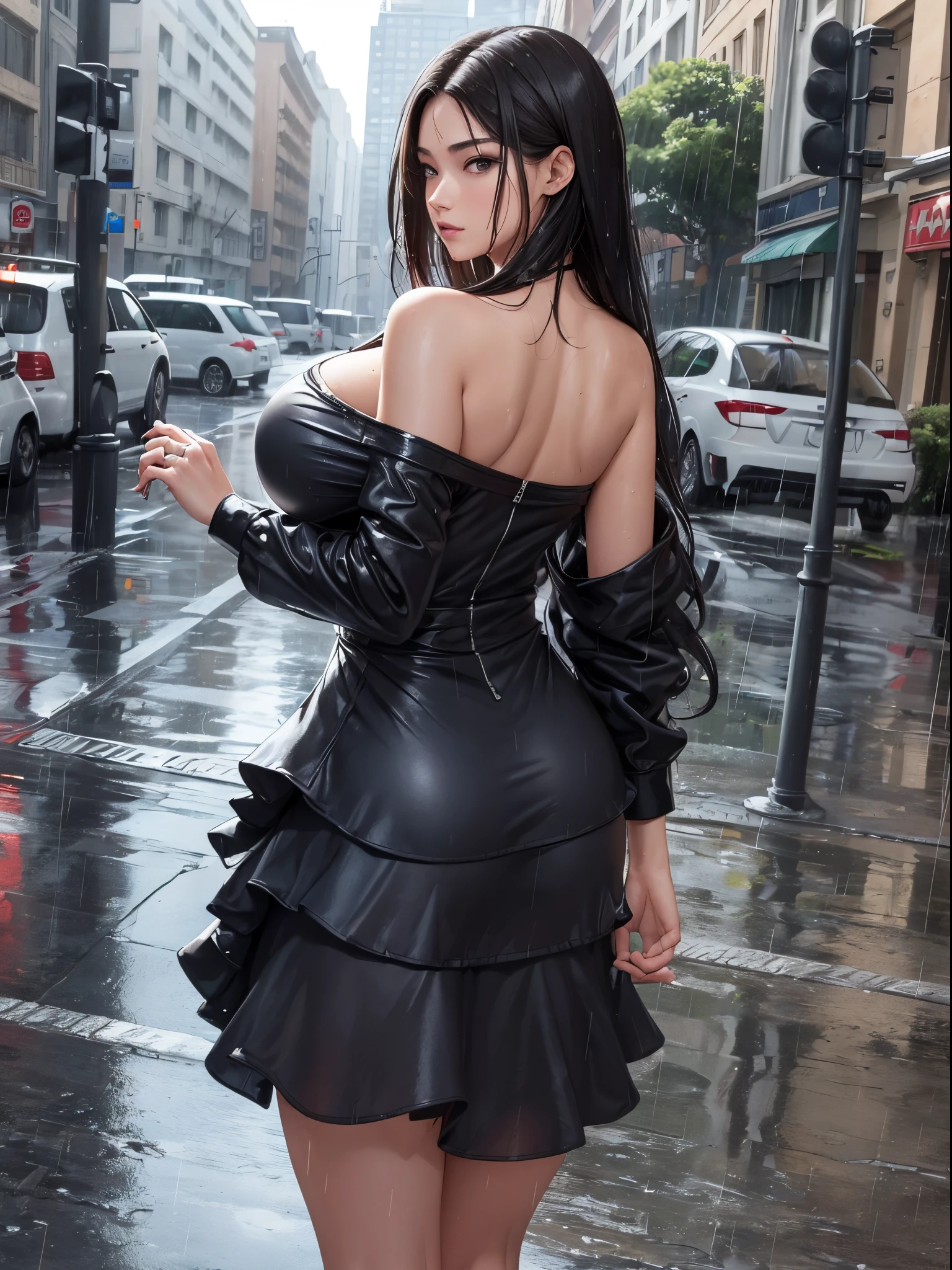 ((Best Quality, 8K, masutepiece:1.3)), Focus:1.2, Perfect Body Beauty:1.4, Buttocks:1.2, ((Layered Haircut, Super super huge:1.2)), (Wet clothes:1.1) , (Rain, Street:1.3), Bandeau Dress: 1.1, Highly detailed face and skin texture, Fine eyes, Double eyelids, Whitened skin, Long hair, (Shut up: 1.3)