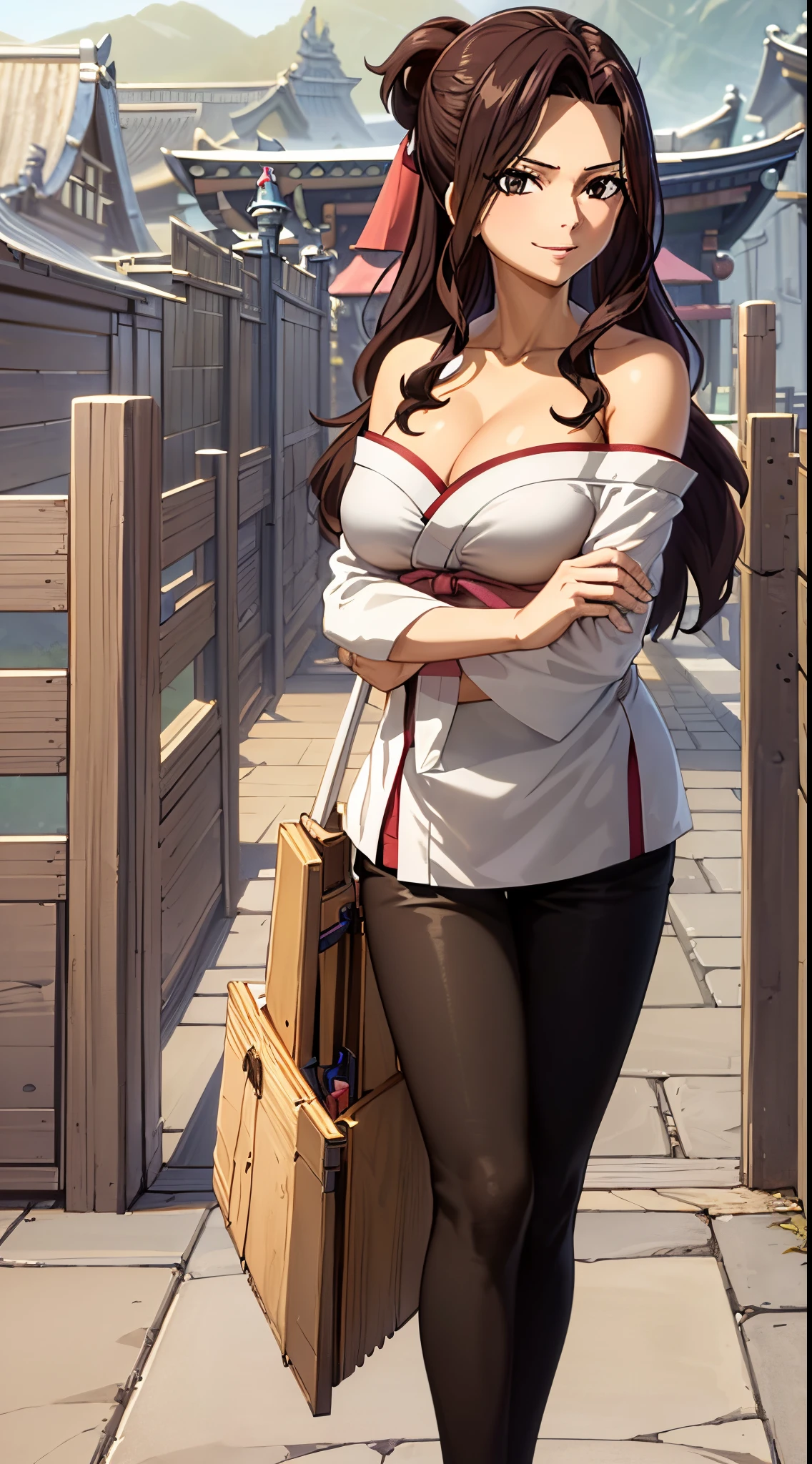 masterpiece, high quality, 8k, best qualitymasterpiece, cinematic lighting, in front of the temple, wear a kimono, cleavage, big boobs, extremely detailed CG unity 8k wallpaper, canarnd, 1girl, mature female,smile, parted lips, looking at viewer,