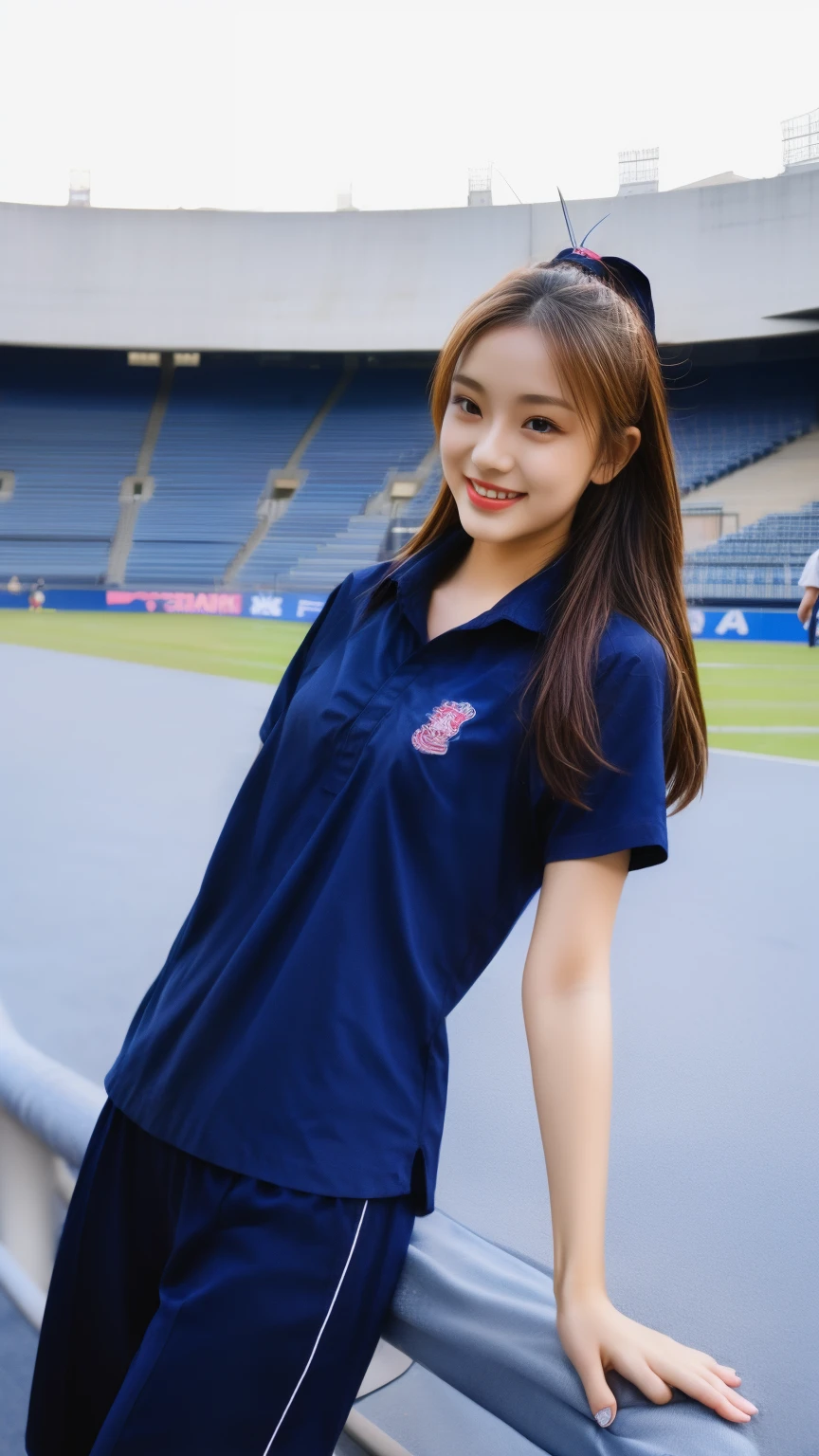 (bestquality,10,10,highres,masterpiece:1.2),ultra-detail,(Realistic,photorealistic portrait,photo-realistic:1.37),1 Cute girl in the football field,oily shiny skin,bara,light smile,BDclothes,((blue shirt:1.3)),short sleeves,shirt, trousers.,(navy_long_Pants Track:1.1), ((Stadium Background:1.3)),dynamic angle,excited,face focus,Dynamic Poses,from behide,Ass Focus,masterpiece, bestquality, ultra realistic, hyper-detail, 8k resolution, RAW photo, crisp focus, ((Navy blue shirt:1.1)), short sleeves, Long Path, Perfect body, 2 mature women, 18yo, cinematic light,Blue sweatpants,Gymware,Correct anatomy,Complete body, Correct body, sharp face, Anatomically correct body, full entire body, Realistic gestures, long-haired, Realistic poses,Wear long shorts.................,Long leg span,Shapely,Sculpting Girl, Slender Figure, mannequin mannequins, Shapely, Beautiful body,Blue sweatpants, Two girls kissing