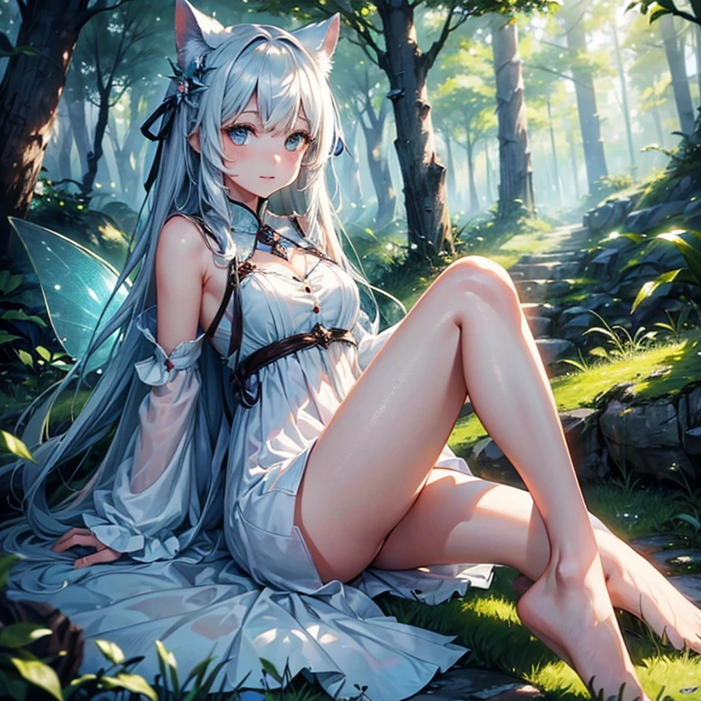 ((Masterpiece, Best Quality, Ultra Detailed, High Resolution)), White Cream Chihuahua, ((((Pretty)), White Tights, Full Body , Thin and Petite Loli, Lying on the Ground, Hands Nowhere to Rest, Pixiv Digital Art, Animated Girl , Cute Little Breasts , Lots of Skin Exposed, White Silk, Shy, Exposed, Sexy, Shy, Trembling, Messy Hair, Exhausted, Barefoot, Reluctant, Exposed Feet