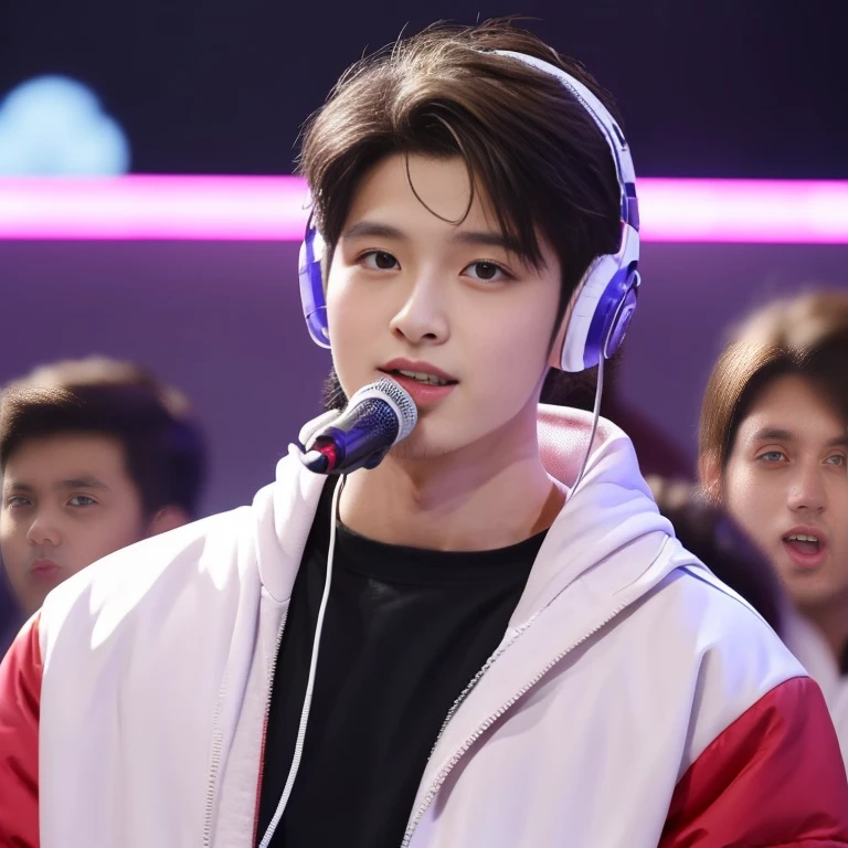 Good looking guy, handsome teenager boy, small beard , 1 cm beard , small shaped cut berad , white jacket, upper body visible, camera on uper body, look into the camera, front face camera, good looking, wear cool headphones, Red headphones, nice singing microphone, look like a star, expensive microphone, Normal beard, sexy small beard, full uper body