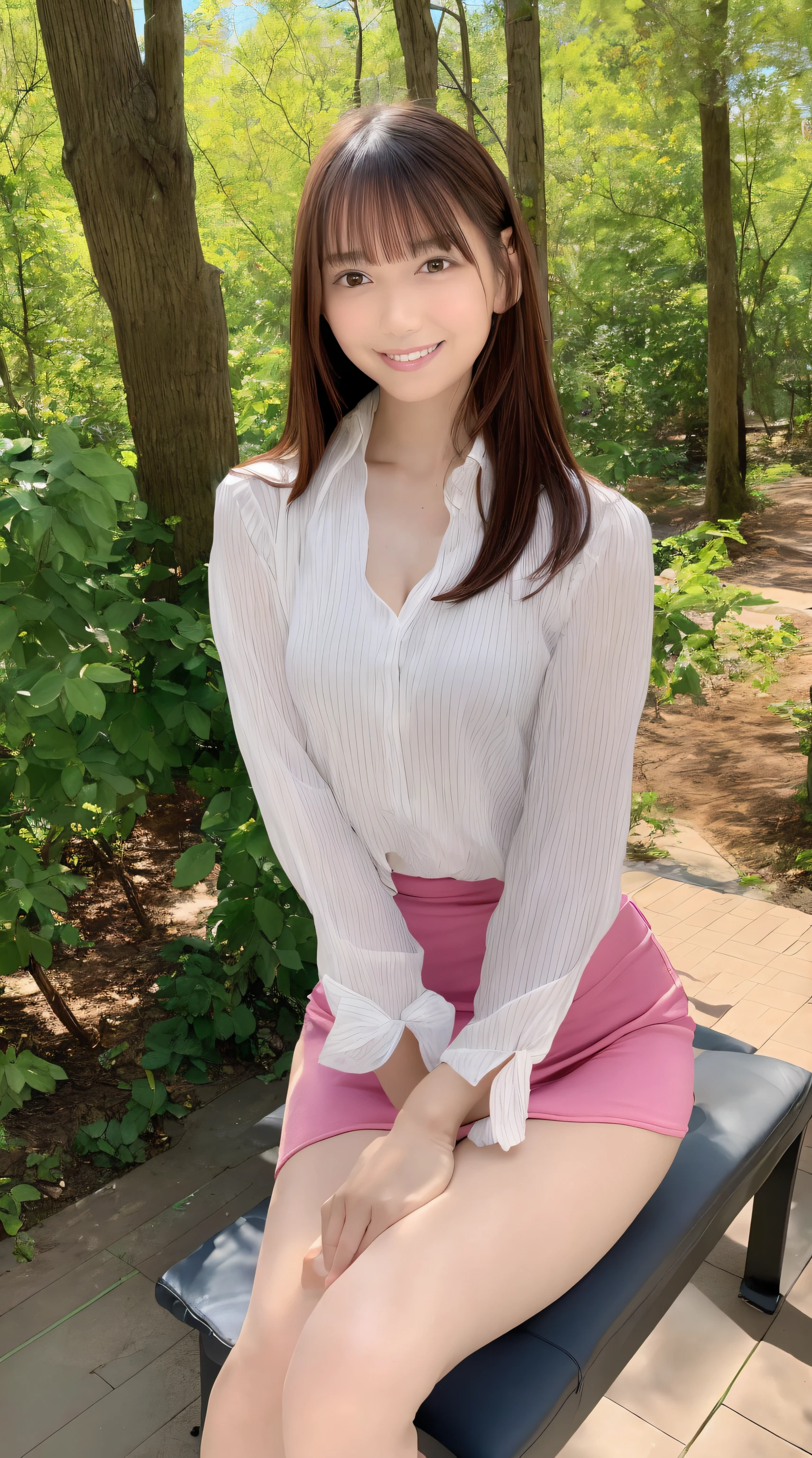 (Best Quality, masutepiece, Ultra HD: 1.3, High brightness, High color saturation), 1girl in, （middlebreasts）, light brown hair, Asymmetrical hair, straight haired, Long hair, （ slender body shape, Constricted waist）, （Ultra Fine Face）, Delicate lips, （beautidful eyes）, thin blush, eyes are brown, perfect glossy skin, View here, Smiling smile, （ hide one's hands）, （Sitting on a bench）, （thin and long legs, Thighs and toes:1.5), See-through white blouse, Tight skirt, （White pumps）, (a japanese girl, hposing Gravure Idol), Broad-leaved forest, 135 mm, Fuji Film