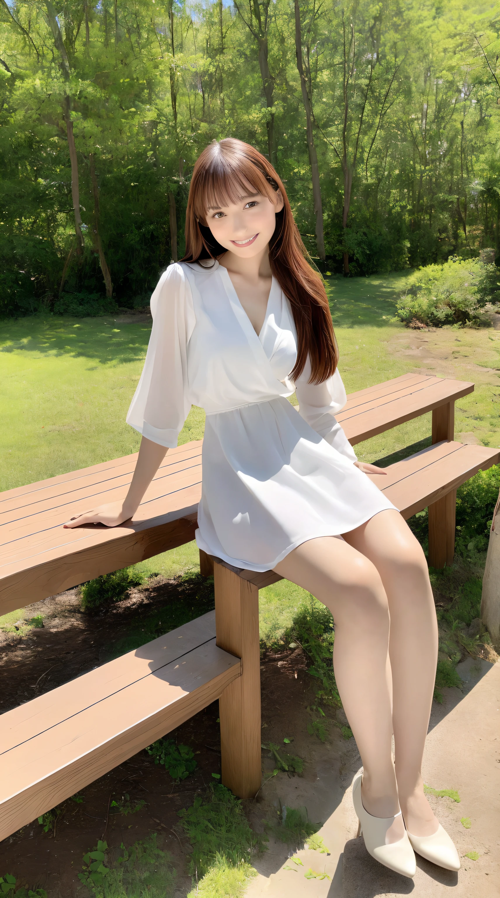 (Best Quality, masutepiece, Ultra HD: 1.3, High brightness, High color saturation), 1girl in, （middlebreasts）, light brown hair, Asymmetrical hair, straight haired, Long hair, （ slender body shape, Constricted waist）, （Ultra Fine Face）, Delicate lips, （beautidful eyes）, thin blush, eyes are brown, perfect glossy skin, View here, Smiling smile, （ hide one's hands）, （Sitting on a bench）, （thin and long legs, Thighs and toes:1.5), See-through white blouse, Tight skirt, （White pumps）, (a japanese girl, hposing Gravure Idol), Broad-leaved forest, 135 mm, Fuji Film