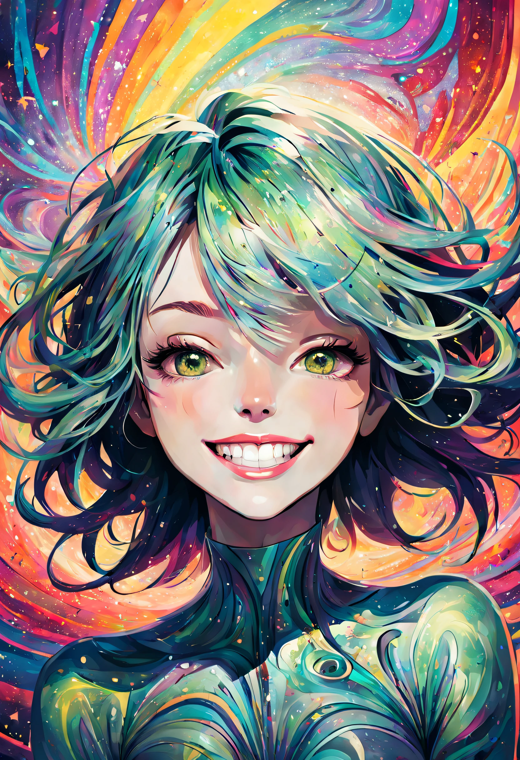 an portrait of realy beautifull women smile, highly detailed and textured, with a futuristic style. A swirl décor of psychedelic powder colored