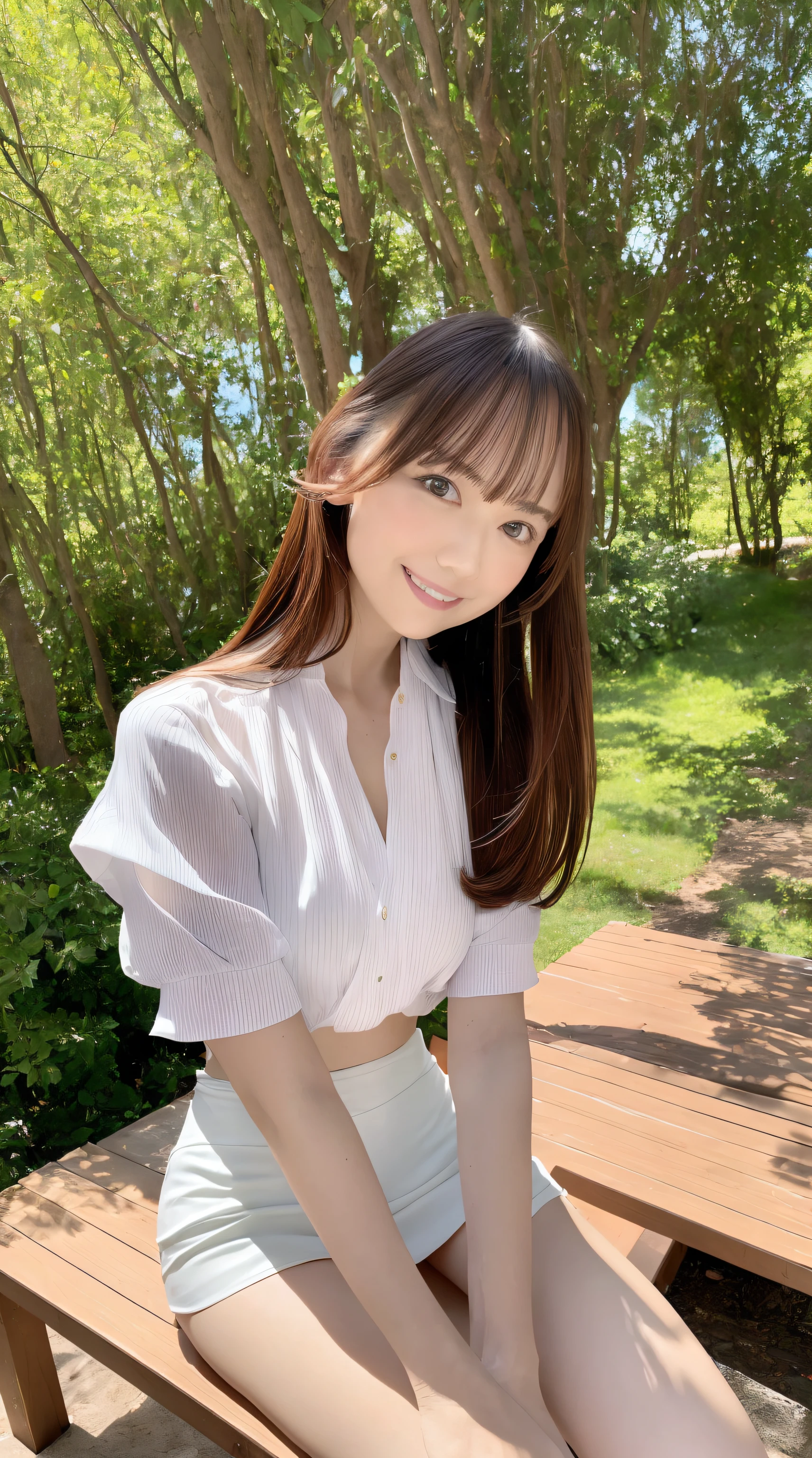 (Best Quality, masutepiece, Ultra HD: 1.3, High brightness, High color saturation), 1girl in, （middlebreasts）, light brown hair, Asymmetrical hair, straight haired, Long hair, （ slender body shape, Constricted waist）, （Ultra Fine Face）, Delicate lips, （beautidful eyes）, thin blush, eyes are brown, perfect glossy skin, View here, Smiling smile, （ hide one's hands）, （Sitting on a bench）, （thin and long legs, Thighs and toes:1.5), See-through white blouse, Tight skirt, （White pumps）, (a japanese girl, hposing Gravure Idol), Broad-leaved forest, 135 mm, Fuji Film