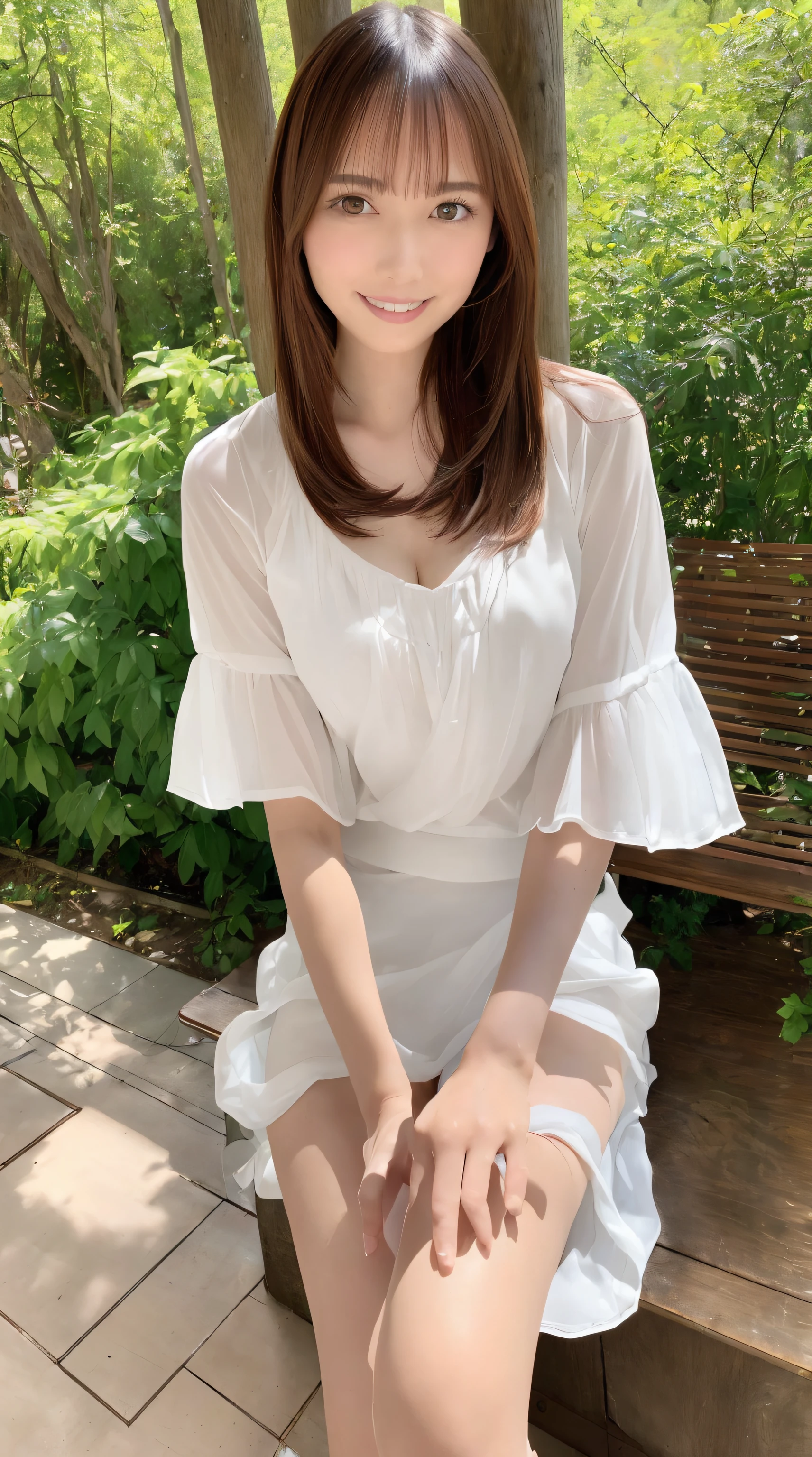 (Best Quality, masutepiece, Ultra HD: 1.3, High brightness, High color saturation), 1girl in, （middlebreasts）, light brown hair, Asymmetrical hair, straight haired, Long hair, （ slender body shape, Constricted waist）, （Ultra Fine Face）, Delicate lips, （beautidful eyes）, thin blush, eyes are brown, perfect glossy skin, View here, Smiling smile, （ hide one's hands）, （Sitting on a bench）, （thin and long legs, Thighs and toes:1.5), See-through white blouse, Tight skirt, （White pumps）, (a japanese girl, hposing Gravure Idol), Broad-leaved forest, 135 mm, Fuji Film