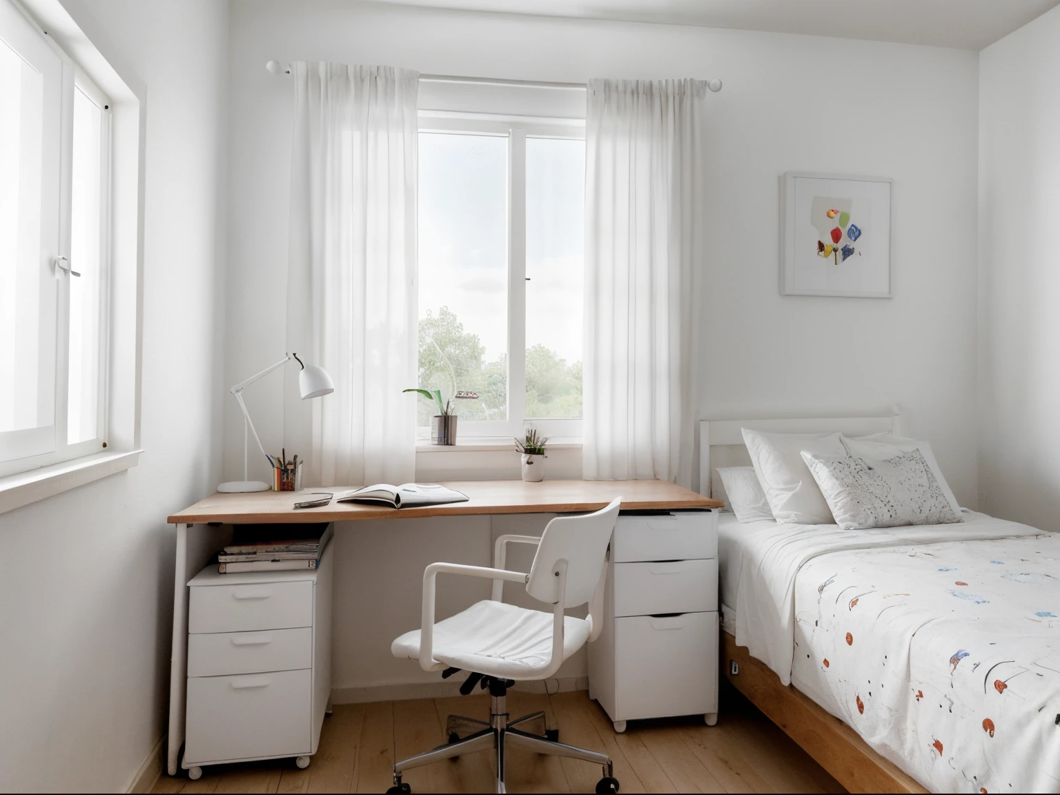 Room of a 24 year old nerdy girl. (Large space, white walls), wooden furniture, bed, desk with notebook, window, fabric curtains. (Realistic image, high quality, 8k)