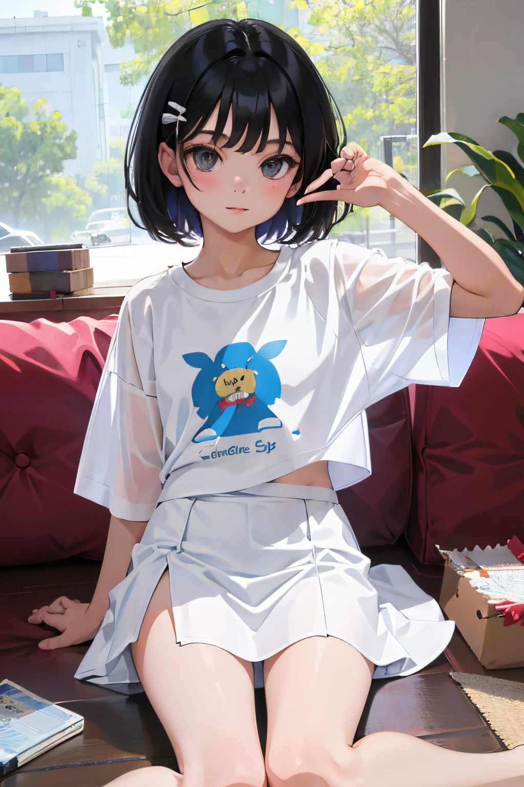 wariza,(child),(masterpiece,Highest Quality),short sleeve t shirt,(White mini skirt with gingham check),A dark-haired,Twin-tailed
