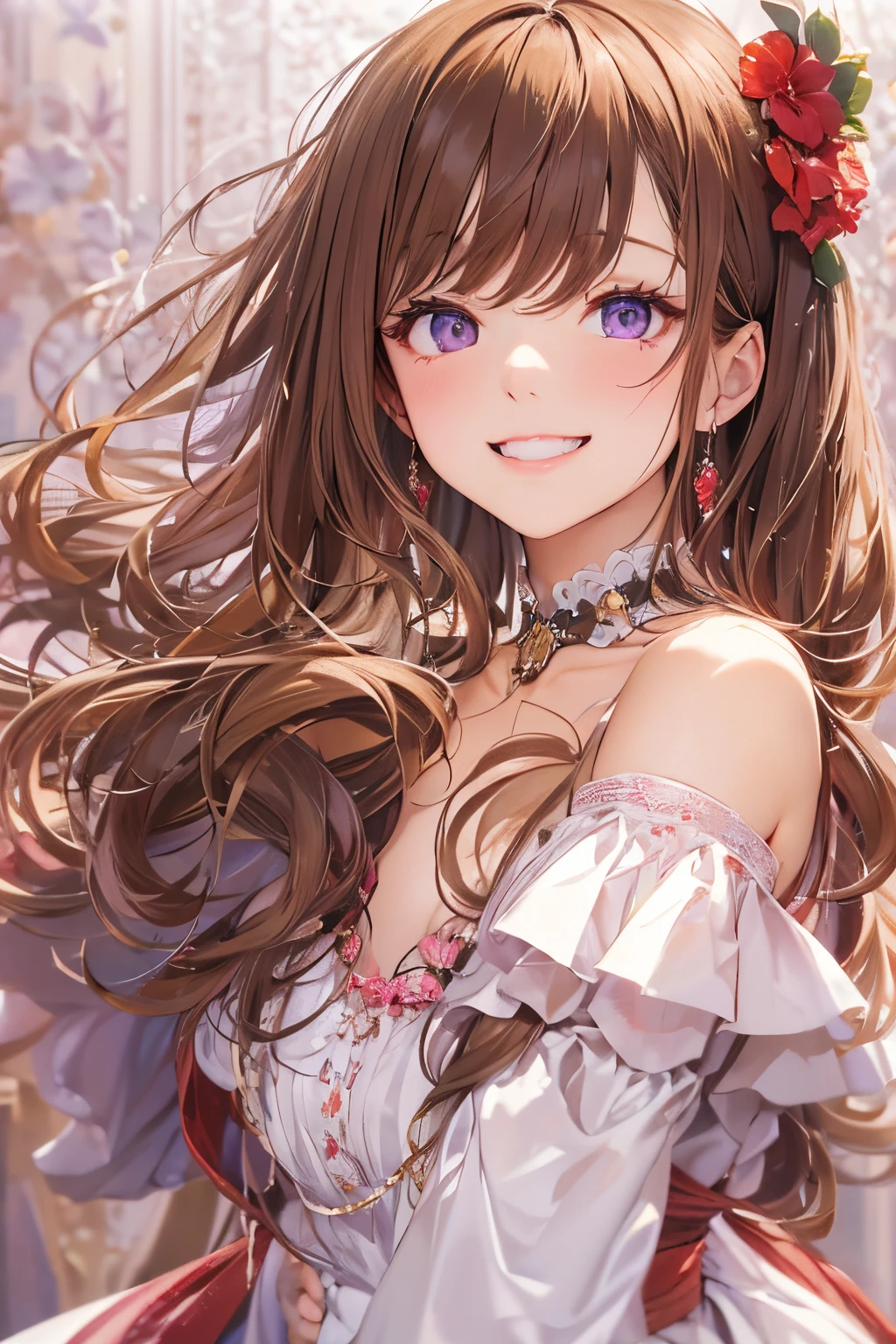 masterpiece、top-quality、(brown colored long hair、I have bangs:1.1)、25 year old woman with purple eyes、wearing a red off-shoulder dress、(Emphasis on the chest:1.1)、(modest smile expression:1.3)、(Staring:1.5)、(Close-up of the subject's face:1.3)、is standing、five perfect and beautiful fingers、place the camera over the subject、The background is the party venue、Bold composition、Upper body is shown、Alone、