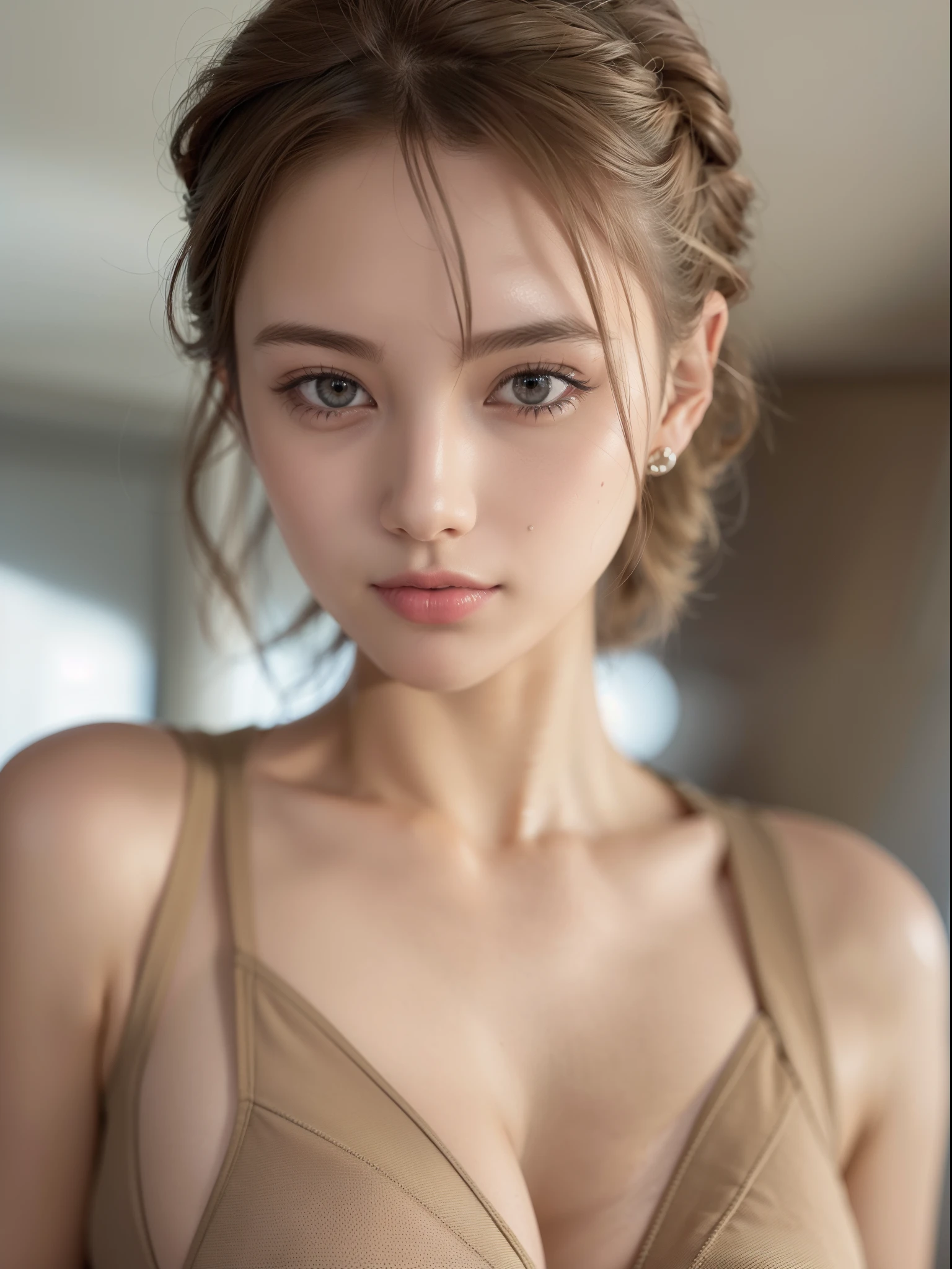 ((of the highest quality, 8K, masutepiece: 1.3, Raw photo)), Sharp Focus: 1.2, (1 AESPA Girl :1.1), (Solo: 1.1), (Realistic, Photorealistic: 1.37), (Face Focus: 1.1), Cute face, hyperdetailed face, (short messy hair: 1.2), (updo: 1.3), small breasts, flat chest, nude, lingerie, thigh, Beautiful flight attendant, airport, Beautiful flight attendant outfit,