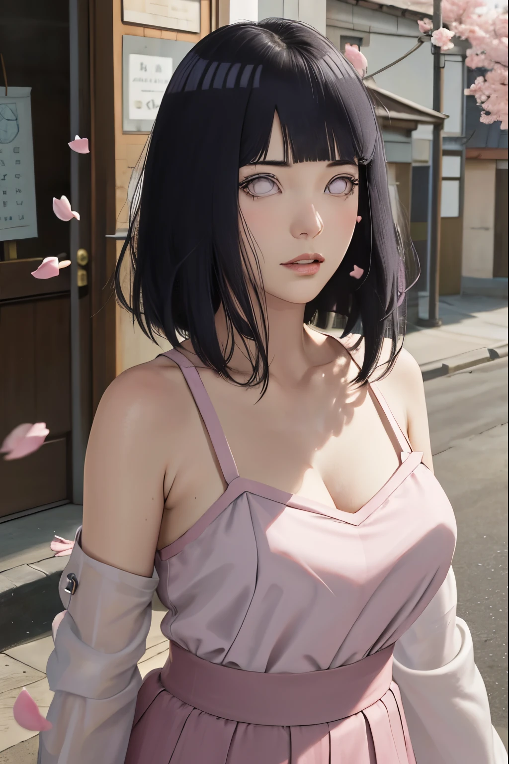 masterpiece, absurdres, hinata\(boruto\), 1girl, solo,mature female, spaghetti strap top, high waist short skirt, looking at viewer, (falling petals), perfect composition, detailed lips, voluptuous, beautiful face, body propotion, blush, (pink lips), long hair,  purple eyes,  soft gaze,  super realistic, detailed, photoshoot, realistic face and body