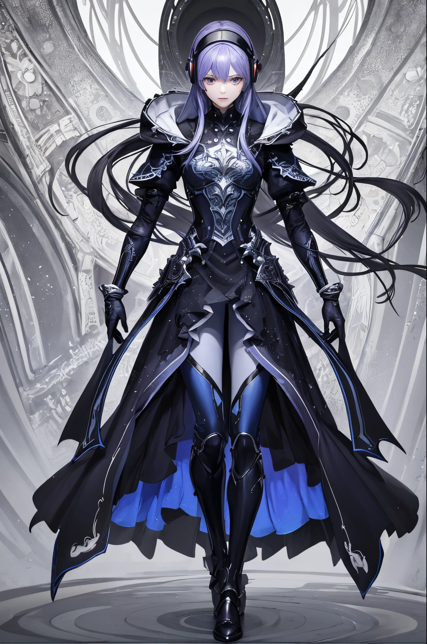 ultra-detailliert、anime illustrated、2D Bishonen、top-quality、Top image quality、masterpiece、超A high resolution、beautiful android boy、sixteen years old, glowing blue cyber suit, blue headphones、long-stature、long-haired white color,Purple Eyes、A slender、The face is depicted in detail、The eyes are very detailed、The clothes are also depicted in detail、hiquality、Beautiful Art、Fantastic Universe、Elaborate design、soio、has a long cane、Knights、animesque、illustratio、Full body front