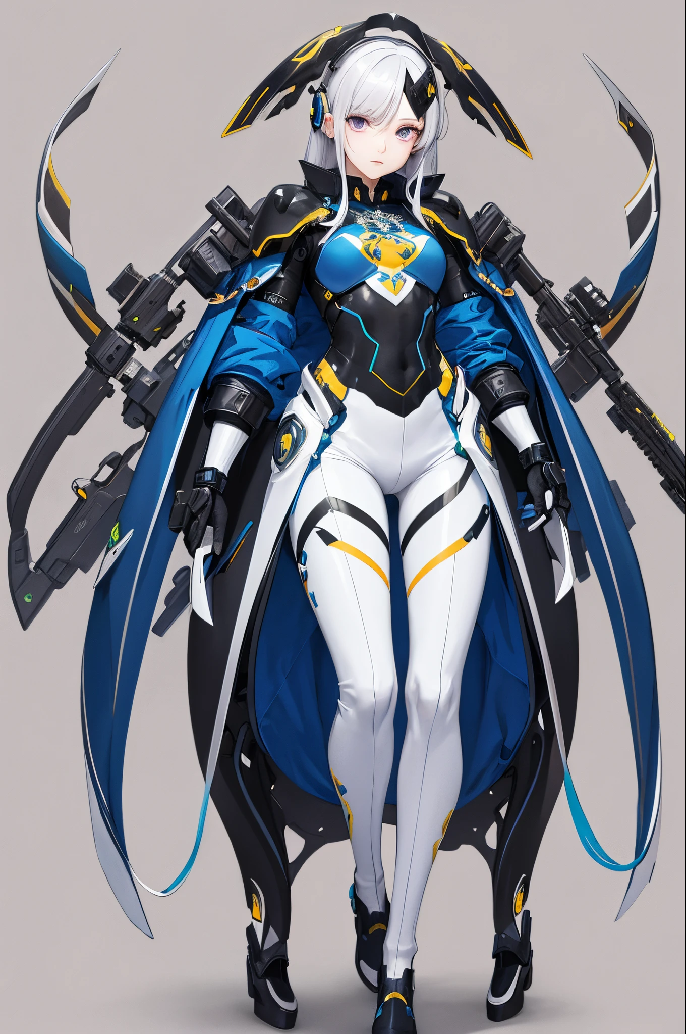 ultra-detailliert、anime illustrated、2D Bishonen、top-quality、Top image quality、masterpiece、超A high resolution、beautiful android boy、sixteen years old, glowing blue cyber suit, blue headphones、long-stature、long-haired white color,Purple Eyes、A slender、The face is depicted in detail、The eyes are very detailed、The clothes are also depicted in detail、hiquality、Beautiful Art、Fantastic Universe、Elaborate design、soio、has a long cane、Knights、animesque、illustratio、Full body front