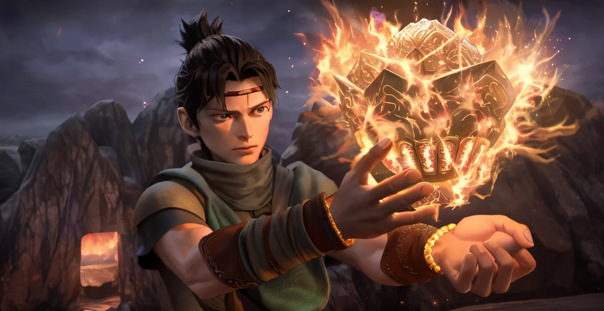 Close-up of a man holding a fireball in a rocky area, a sorcerer casting a fireball, Screenshot of black clover, Sorceress casts fireball, inspired by Dai Jin, heise jinyao, fire power flames spinning, PS5 movie screenshots, Makiro, unreal engine 5 highly rendered, GameCG