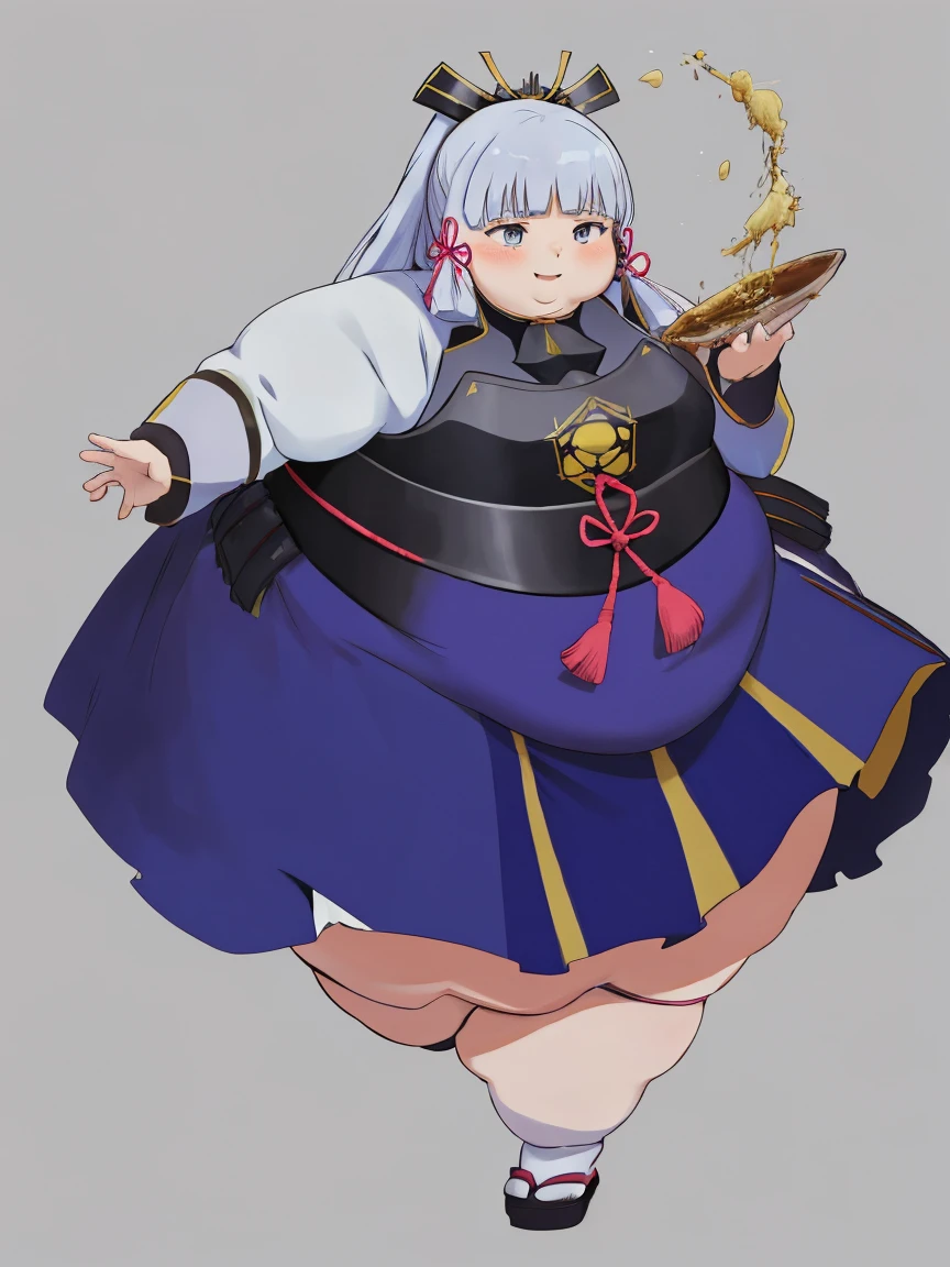 fat Kamisato_Ayaka, Obese body, tmasterpiece，A high resolution，best qualtiy，1girl solo，kamisato_ayaka，big cheeks, thick thighs, fat arms, fat belly, ssmile，komono，deathia，vomit blood, cute and fat face, japan_feudalism forest background