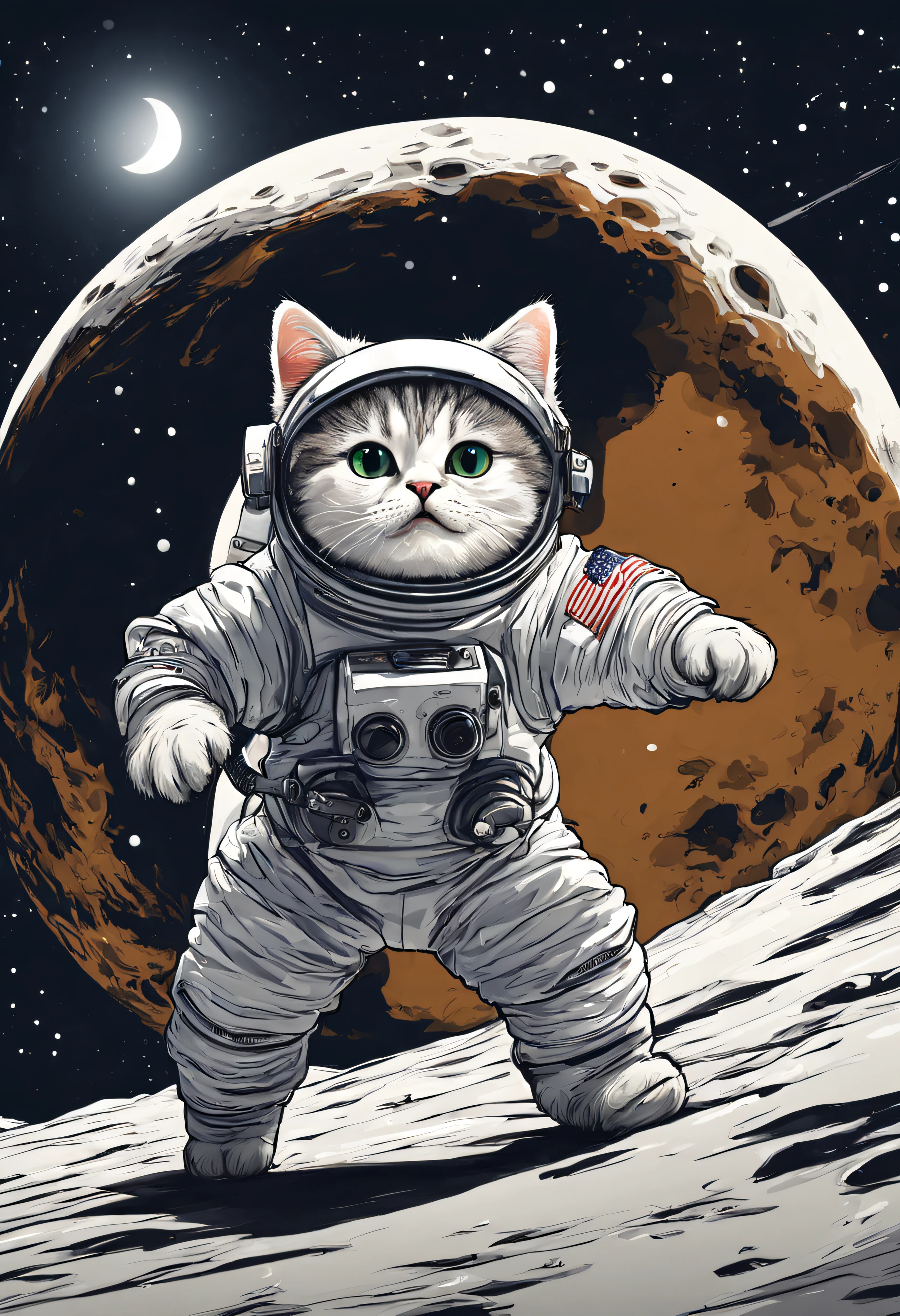 petit chat déguisé en astronaute, qui marche sur la lune