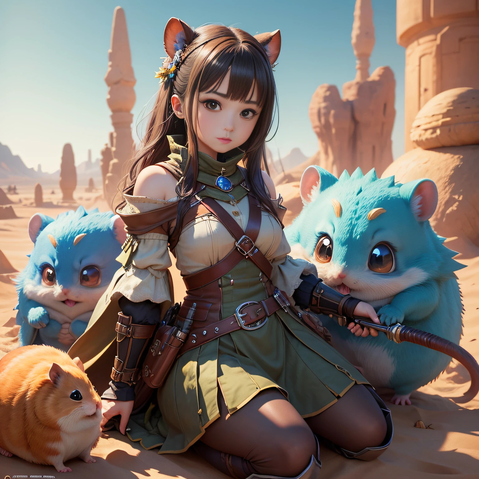 超A high resolution、An ultra-high picture quality、8K、Detailed details、marvelous expression、1 person woman、Many little hamster monsters are your companions、Monster Hunter Character Costumes、Have a big weapon、vast desert oasis background、