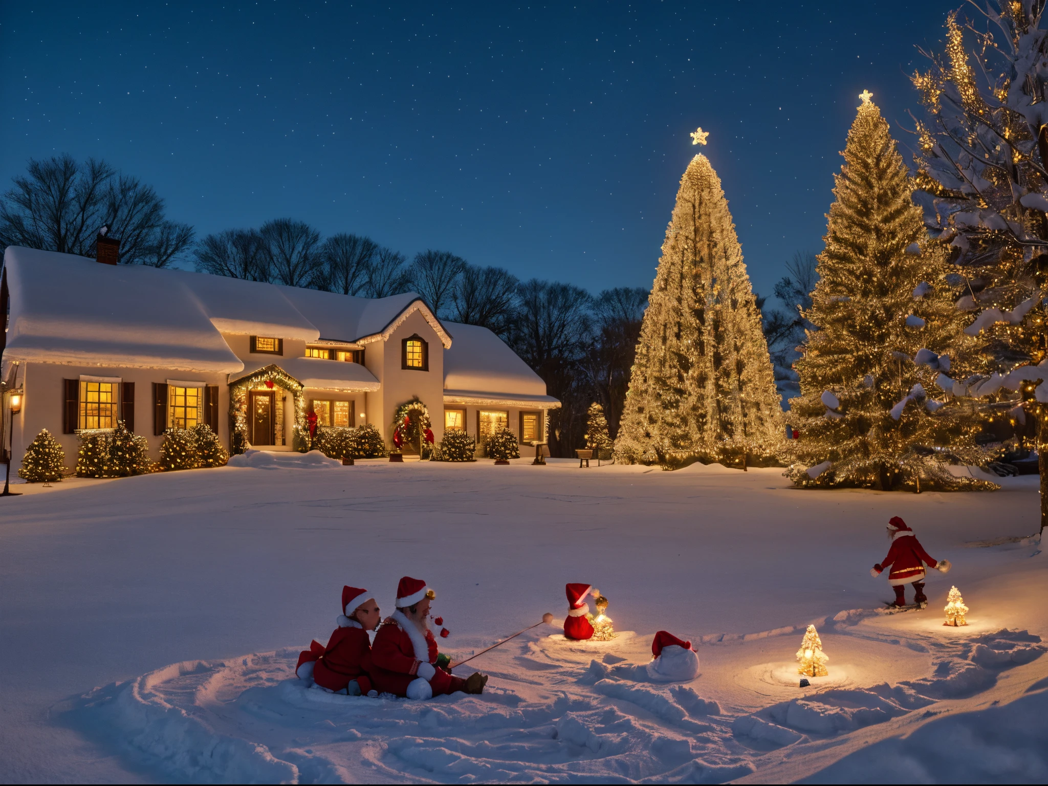 best quality,4k,8k,highres,masterpiece:1.2,ultra-detailed,realistic:1.37,colorful,golden lighting,Christmas festive ambiance,winter wonderland,snow-covered landscape,glistening snowflakes,golden decorations,pine trees covered in frost,cosy fireplace,shimmering ornaments,holiday spirit,joyful atmosphere,peaceful evening,festive mood,sparkling lights,delicate snowfall,crisp air,beautifully wrapped presents,decorative ribbons and bows,festive wreaths,merry and bright,cheerful celebration,soft glow from candles,comforting warmth from the fireplace,cozy blankets,hot cocoa with marshmallows,frosty windows with patterns,chimney with Santa's footprints,happy children playing in snow,laughter and joy,family gathering,Christmas carols playing in the background,city lights in the distance,reflection of lights on the snow,peace and serenity holiday cheer