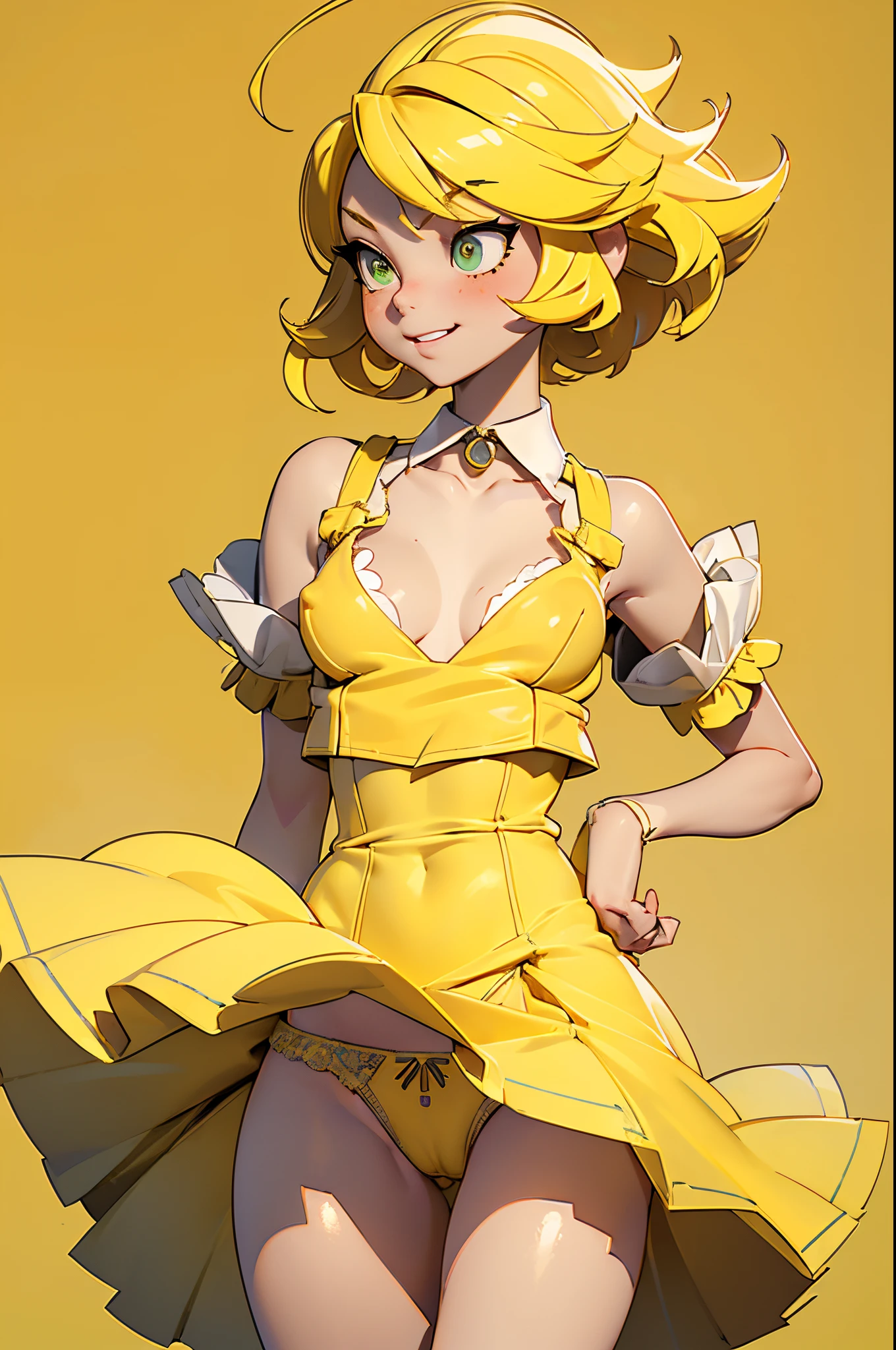 Master Parts, Best Quality, Render Jobs、。.3D Styles、。.3DMM、。.3D, 1girl in, Soio, yellow hair, hitornfreckles, jewely, (Aggressive expression)、 Realistic, full length, Clear and simple background, yellow fringe, (Long Skirt Dress)、(((Nipples visible from the chest)))、looking at away, Short Bob Hair, Separated lips, green colored eyes, gargantilha, makeup, smiling while wearing clothes, Beautiful teeth, Yellow shoes、((Lace panties))、((((Panties torn in the center))))、(((((My panties were torn in the middle.)))))、((panties with slit))、(from the slit of the pantiesオマンコLooks)、((((pubic hair is yellow))))、(((Pubic hair is visible)))、((Yellow man hair has grown))、(((((Yellow pussy hair visible through panties)))))、Realistic body、(life-likeオマンコ)、(((Very realistic panties)))、(((up skirt))),(((I can see panties)))、(Cameltoe),、Small、are small、the shape of the papilla is visible、(((The shape of the nipple is clear)))、((pointed papillae))