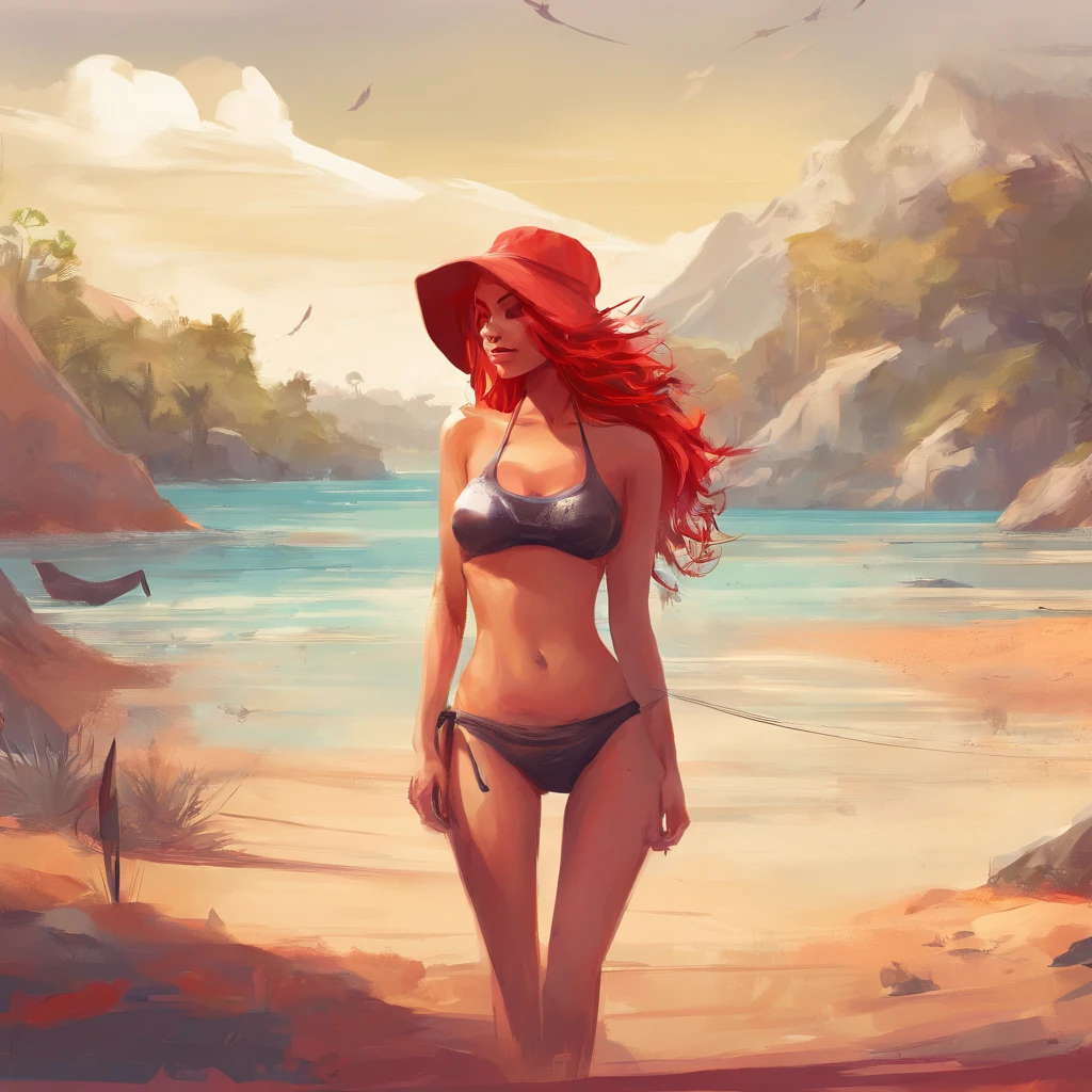 Hot red hair lady on sunny day wearing bikini and beanie