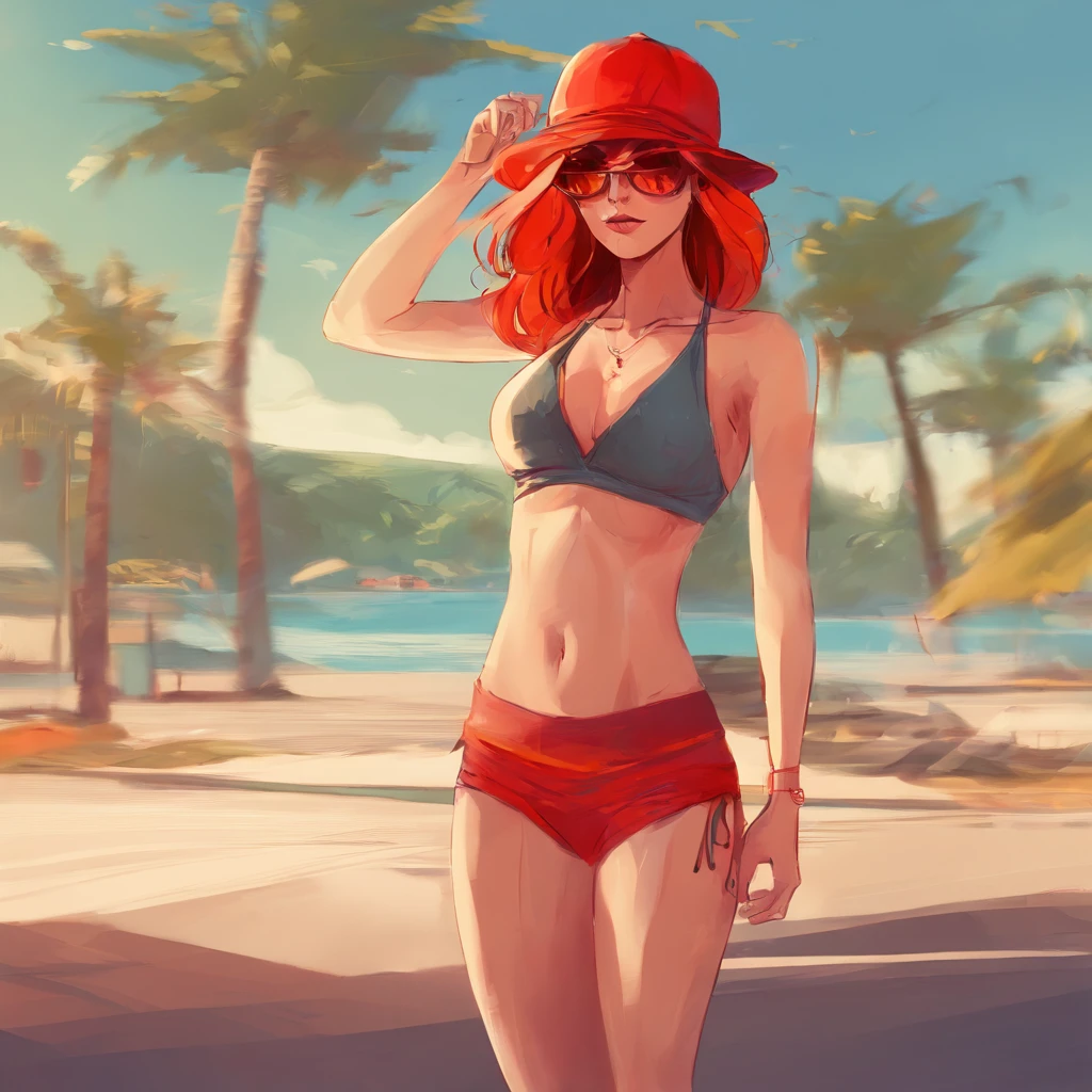 Hot red hair lady on sunny day wearing bikini and beanie