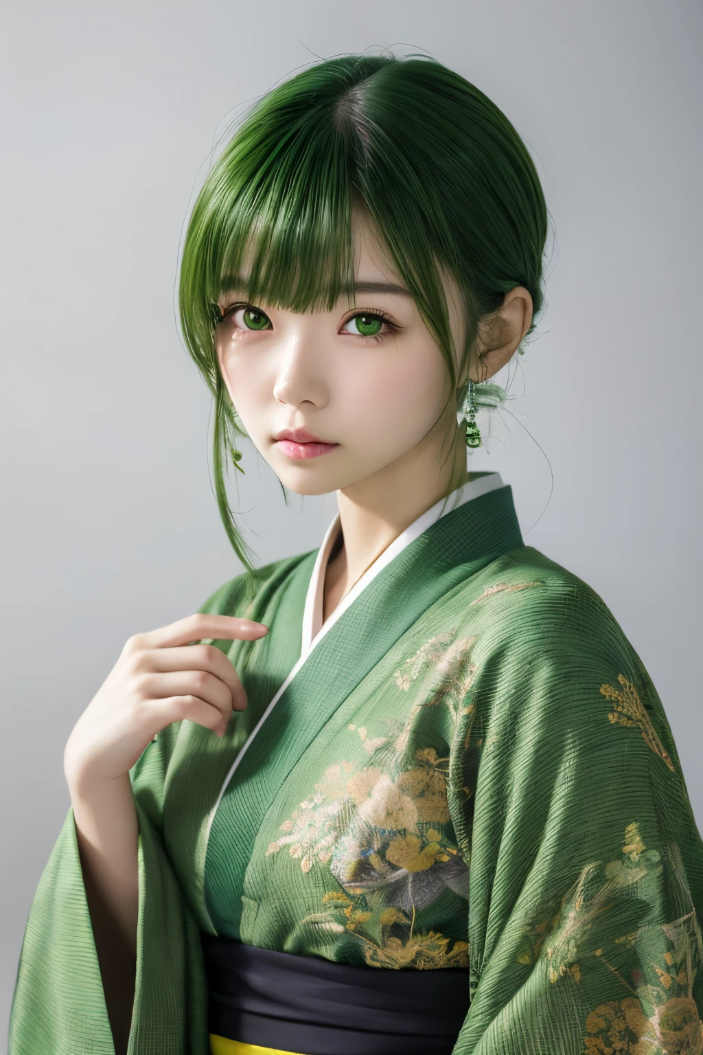 (((Green world:1.3)))、Best Quality, masutepiece, High resolution, (((1girl in))), sixteen years old,(((Eyes are green:1.3)))、Yamato Nadeshiko wears kimono beautifully、((12 Simple、traditional junihitoe)), Tindall Effect, Realistic, Shadow Studio,Ultramarine Lighting, dual-tone lighting, (High Detail Skins: 1.2)、Pale colored lighting、Dark lighting、 Digital SLR, Photo, High resolution, 4K, 8K, Background blur,Fade out beautifully、Green world