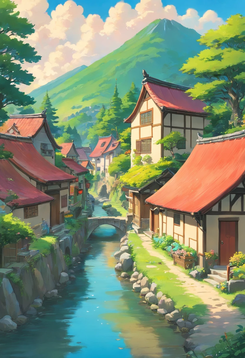Painting of a village with a creek and several houses, studio ghibli sky, Anime countryside landscape, Studio Ghibli view, studio ghibli artstyle, Ghibli art style, studio ghibli painterly style, Anime landscapes, studio ghibli painting, ghibli artstyle, Studio Ghibli Sunshine, Beautiful floating clouds. Japanese cartoon, Ghibli Studio Environment,