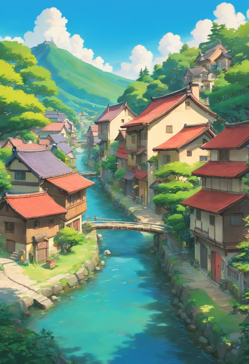 Painting of a village with a creek and several houses, studio ghibli sky, Anime countryside landscape, Studio Ghibli view, studio ghibli artstyle, Ghibli art style, studio ghibli painterly style, Anime landscapes, studio ghibli painting, ghibli artstyle, Studio Ghibli Sunshine, Beautiful floating clouds. Japanese cartoon, Ghibli Studio Environment,