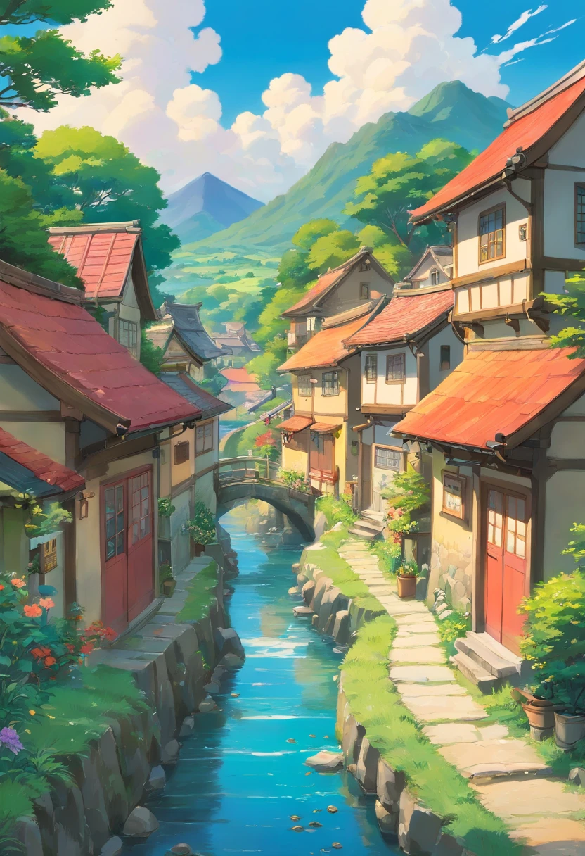 Painting of a village with a creek and several houses, studio ghibli sky, Anime countryside landscape, Studio Ghibli view, studio ghibli artstyle, Ghibli art style, studio ghibli painterly style, Anime landscapes, studio ghibli painting, ghibli artstyle, Studio Ghibli Sunshine, Beautiful floating clouds. Japanese cartoon, Ghibli Studio Environment,