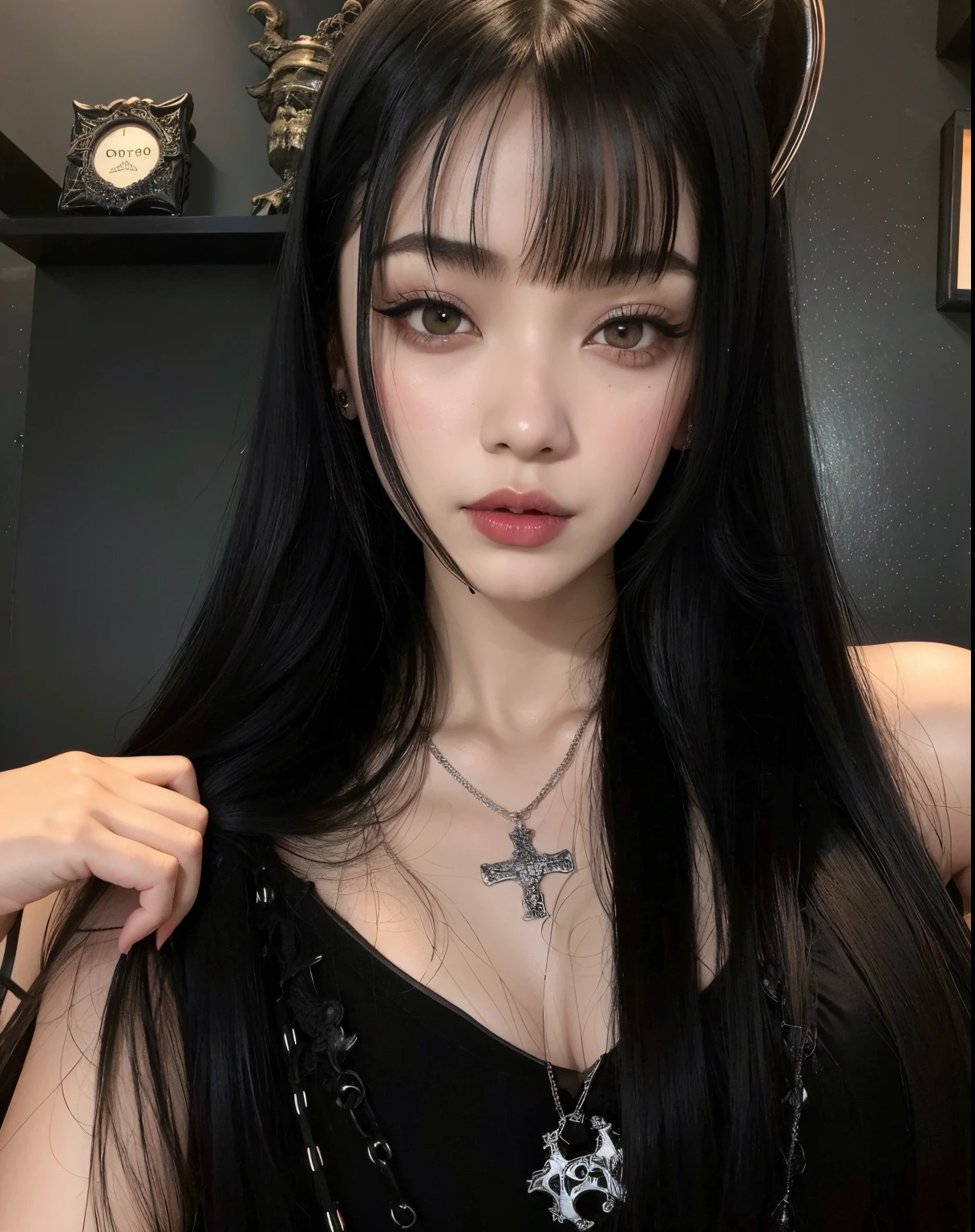 Araffe Asian woman with long black hair and a cross necklace, cruel korean goth girl, goth girl aesthetic, pale goth beauty, 1 7 - year - old goth girl, 1 7 - year - old anime goth girl, gothic aesthetic, goth girl, com cabelos longos e olhos penetrantes, Ela tem cabelo preto com franja, gothic horror vibes, preto hime corte cabelo