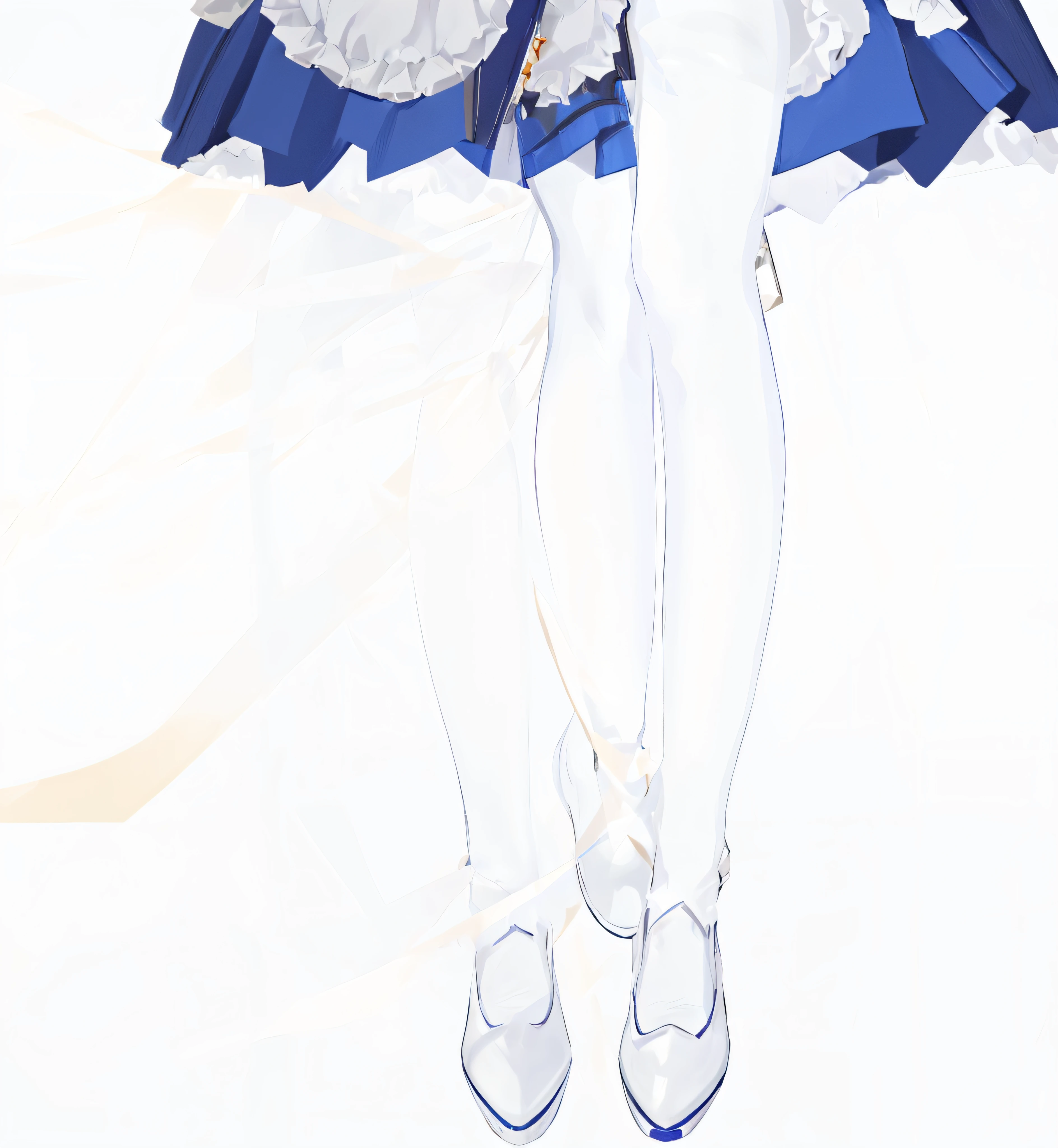 Anime girl wearing blue dress and white tights holding purse, legs visible, Normal legs, The slender legs are looming on your body, azur lane style, Detailed leg upward shot, Lolish, I would deny this, close-up on legs, Detailed legs, Meticulous legs towering high above you, loli in dress, Anime full body illustration,Below are white leggings，patterned tights，pretty legs，White leather shoes