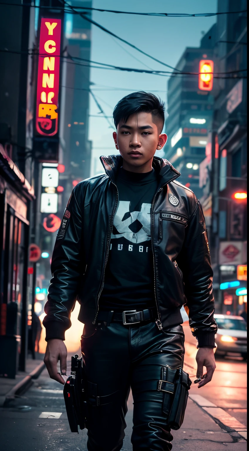 cyber punk Indonesian boy 30 year,(top-quality、8K、32K、masterpiece)、(The ultra -The high-definition)、(Photorealsitic:1.4), dynamic pose, cowboy shot, cyberpunk fashion,depth of fields, cyberpunk city background, cinematic lighting.
