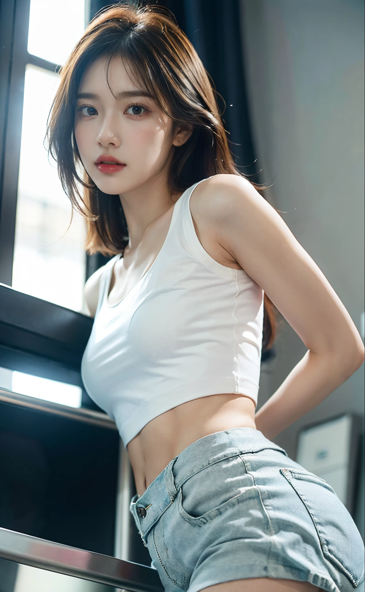 (White crop top underwear and fitness shorts: 1.2), (Denim Lens, Masterpiece, Best Quality, From below: 1.4), (Looking at the audience, small waists, thighlet: 1.2), Arms behind the back, Energetic buttocks, Sideshots, large full breasts, bedroom, a beauti, Pretty face, Slim, adolescent, (Arched backrest, protruding breasts: 1.2), protruding buttocks, no make-up, 8K, Official Art, OriginalPhoto, Unbelievably ridiculous., Slanted shoulders, face light, A hyper-realistic, high resolucion, photography, film grain, chromatic aberration, Sharp focus, Dynamic lighting, film lighting, highest detail, Extreme detail, The ultra-detailliert, delicate detail, extremely detailed eyes and face, (dark backgrounds: 0.8), Big breasts, Sexy