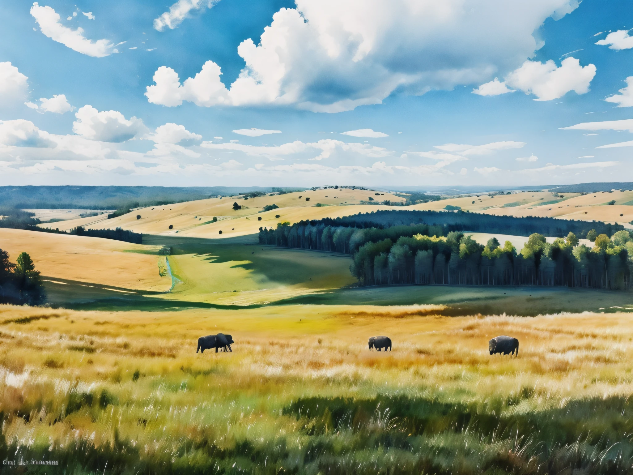 grasslands, rolling hills, buffalo, clouds, trees, no people, no roads, no cars, no buildings, vibrant