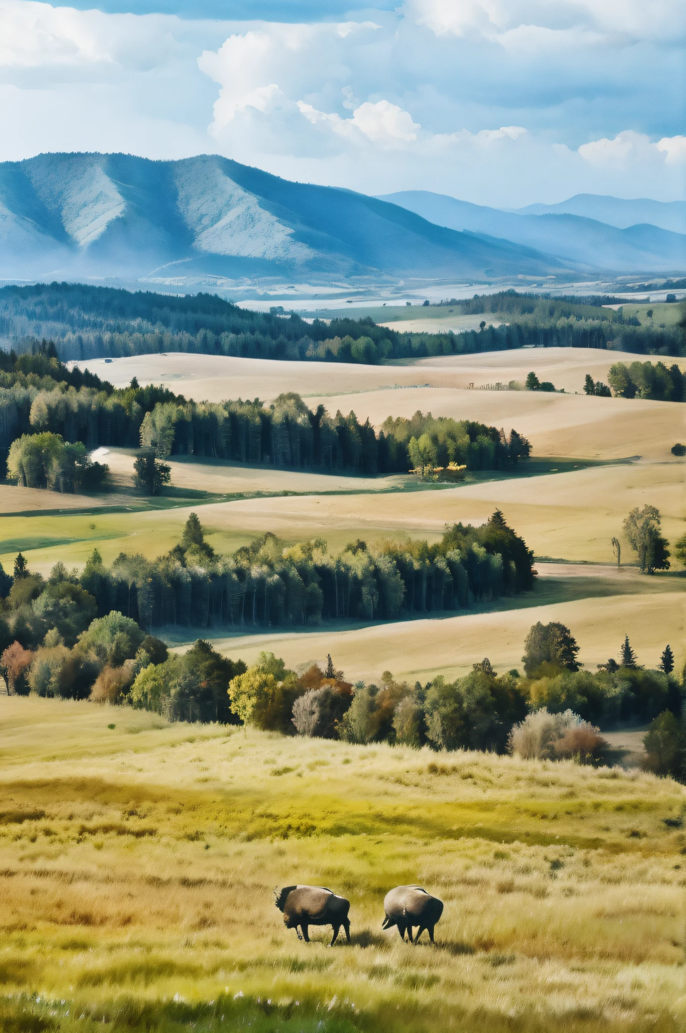 grasslands, rolling hills, buffalo, clouds, trees, no people, no roads, no cars, no buildings, vibrant
