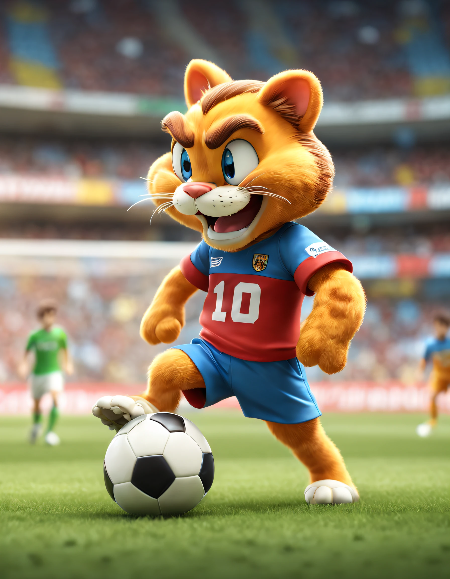 style of anime, motionblur, Ray traching, vignetting, tmasterpiece, super detailing, high detal, high high quality, Award-Awarded, A high resolution, 8K， 
(There is a Garfield cat playing football), （Shooting action）, ，Wearing red and blue tennis uniform, sports headband，exaggerated serious expression, largeeyes, long eyelasher，cosmetics，Hairy beard,（Long tail：1.0）， Background with： football match scene，Football goal，
 3D, Cartoonish, Produced by Pixar, kawaii, anthropomorphic turtle，comic strip，