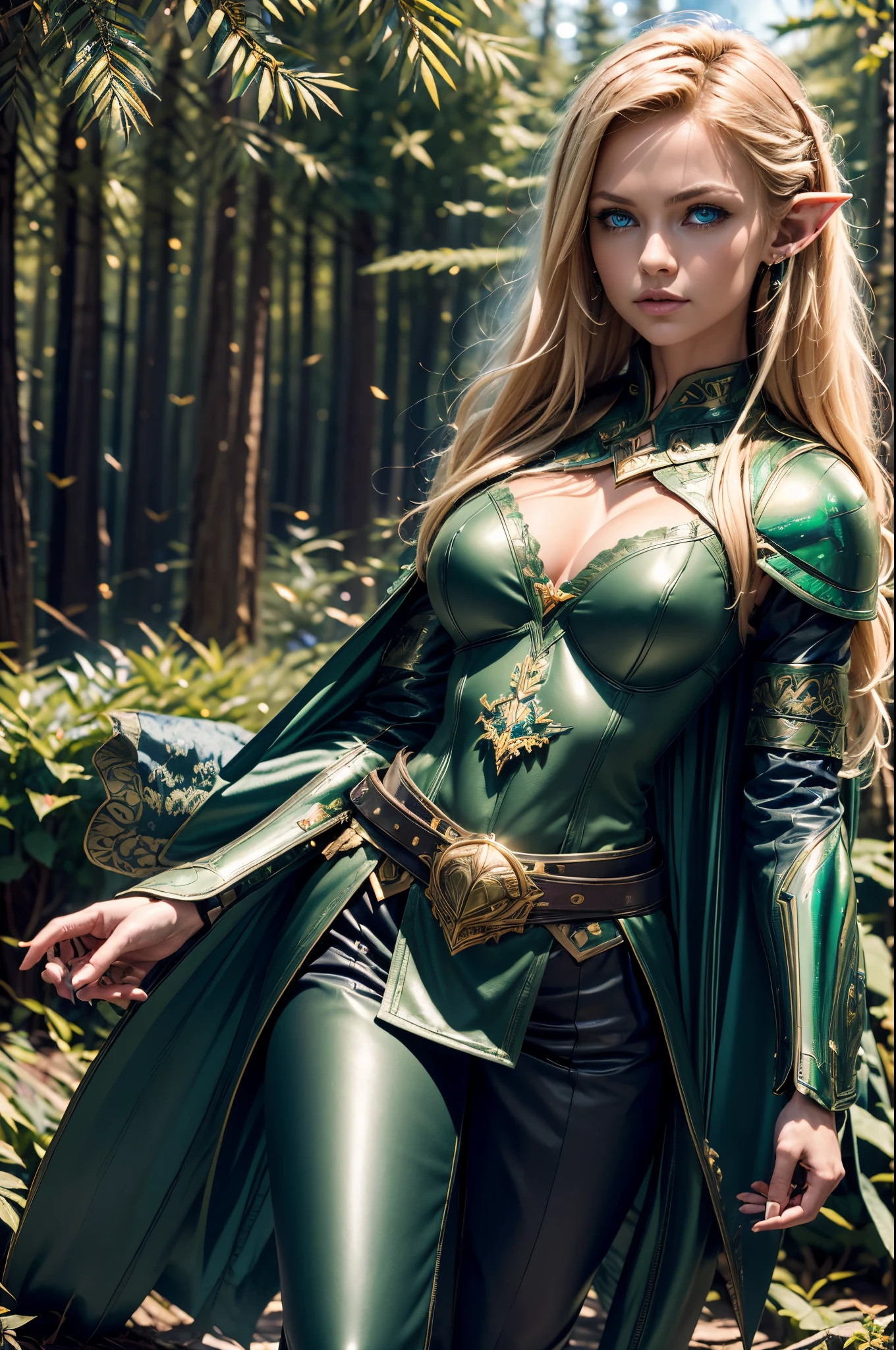 Photorealistic image ((Masterpiece)), ((high quality)) UHD 8K, of a beautiful girl, Viking elf warrior, slim, tall, (Long elf ears), (medium chest), (thin waist), (Hair long brown), (deep blue eyes), ((green Leather armor with short green skirt and intricate details, Various belts at waist)), (Arrow holster at waist), ((fur cape)), (on the forest), Natural lighting, professional DSLR camera