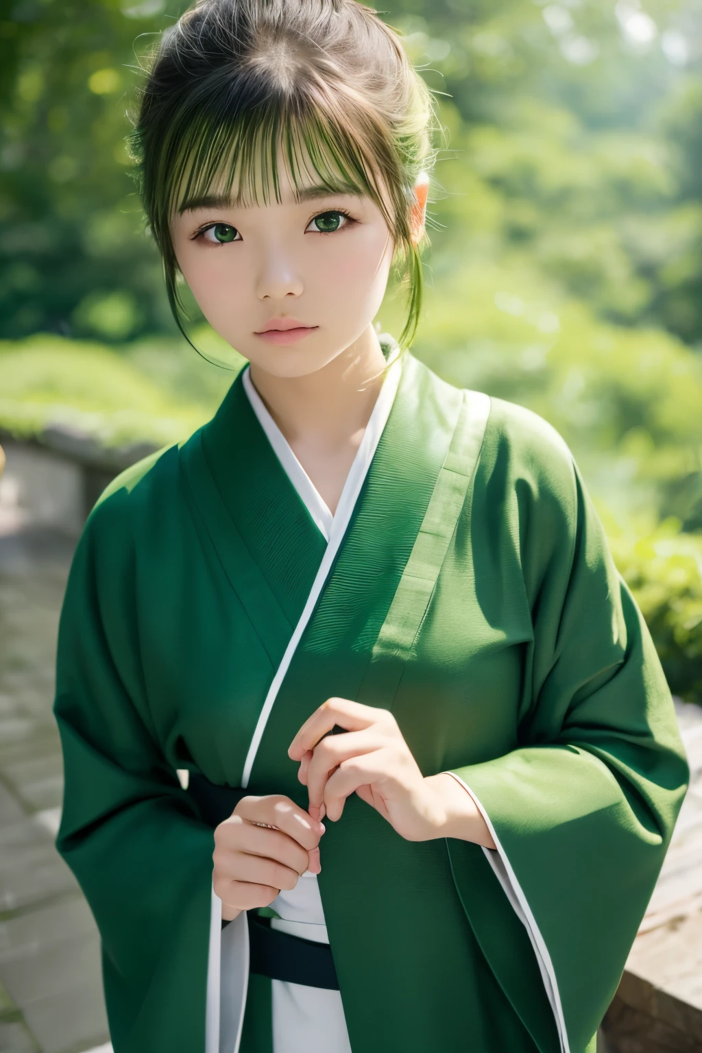 (((Green world:1.3)))、Best Quality, masutepiece, High resolution, (((1girl in))), ,(((Eyes are green:1.3)))、Green kimono、((Dark green kimono)), Tindall Effect, Realistic, Shadow Studio,Ultramarine Lighting, dual-tone lighting, (High Detail Skins: 1.2)、Pale colored lighting、Dark lighting、 Digital SLR, Photo, High resolution, 4K, 8K, Background blur,Fade out beautifully、Green world