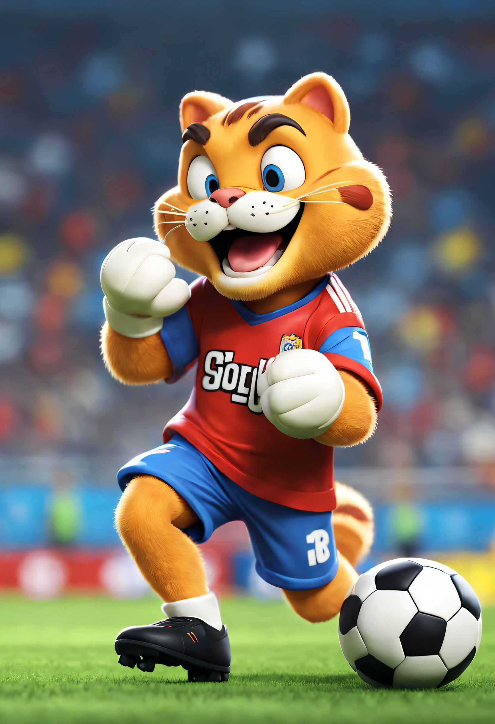 style of anime, motionblur, Ray traching, vignetting, tmasterpiece, super detailing, high detal, high high quality, Award-Awarded, A high resolution, 8K， (There is a Garfield playing football), （Shooting action）, （Long tail：1.0）Wearing red and blue uniforms,size 10 shirt，Maradona，blue soccer shoes，exaggerated serious expression, ，Hairy beard,， Background with： football match scene，Football goal， 3D, Cartoonish, pixar-style, kawaii, an anthropomorphic turtle，comic strip，illustration