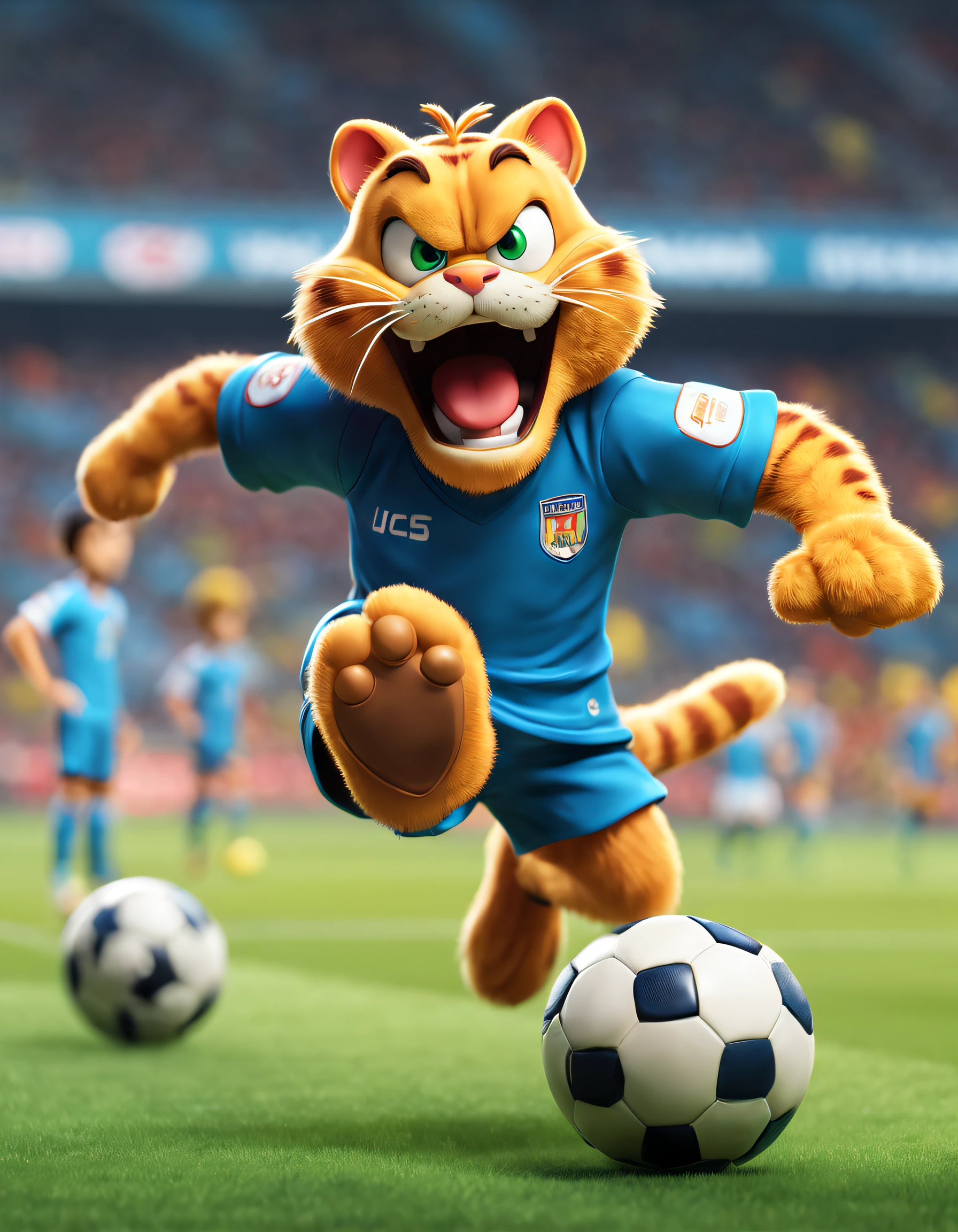 style of anime, motionblur, ray traycing, vignetting, tmasterpiece, super detailing, high detal, high high quality, Award-Awarded, A high resolution, 8K， 
(There is a Garfield playing football), （Shooting action）, Wearing red and blue uniforms,size 10 shirt，（Long tail：1.0） ，blue soccer shoes，exaggerated serious expression, ，Hairy beard,
Background with： football match scene，Football goal，
 3D, Cartoonish, pixar-style, kawaii, anthropomorphic turtle，comic strip，